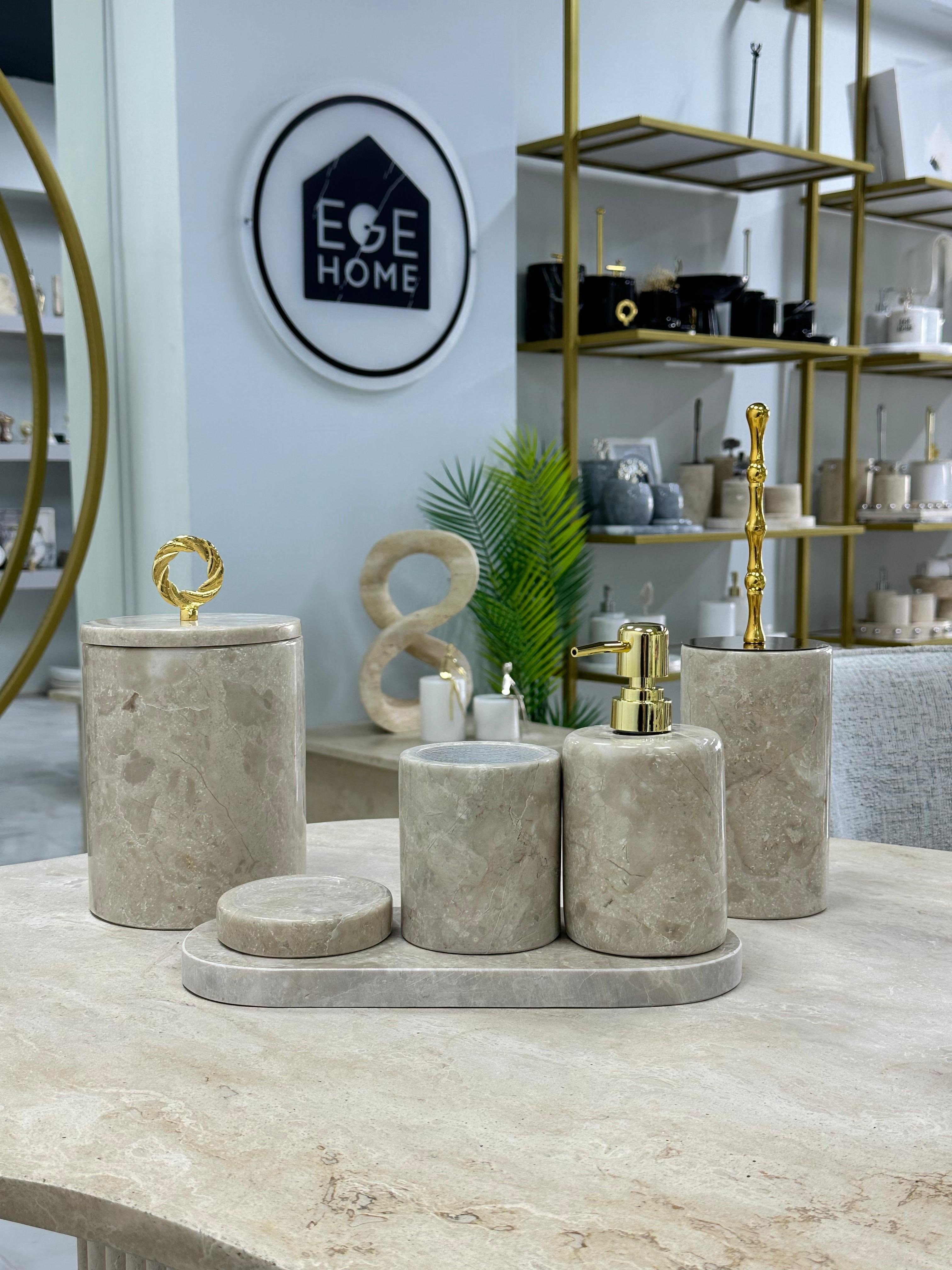DEKORATİF DOĞAL BEJ MERMER 6 PARÇA GOLD HALKA BANYO SETİ 