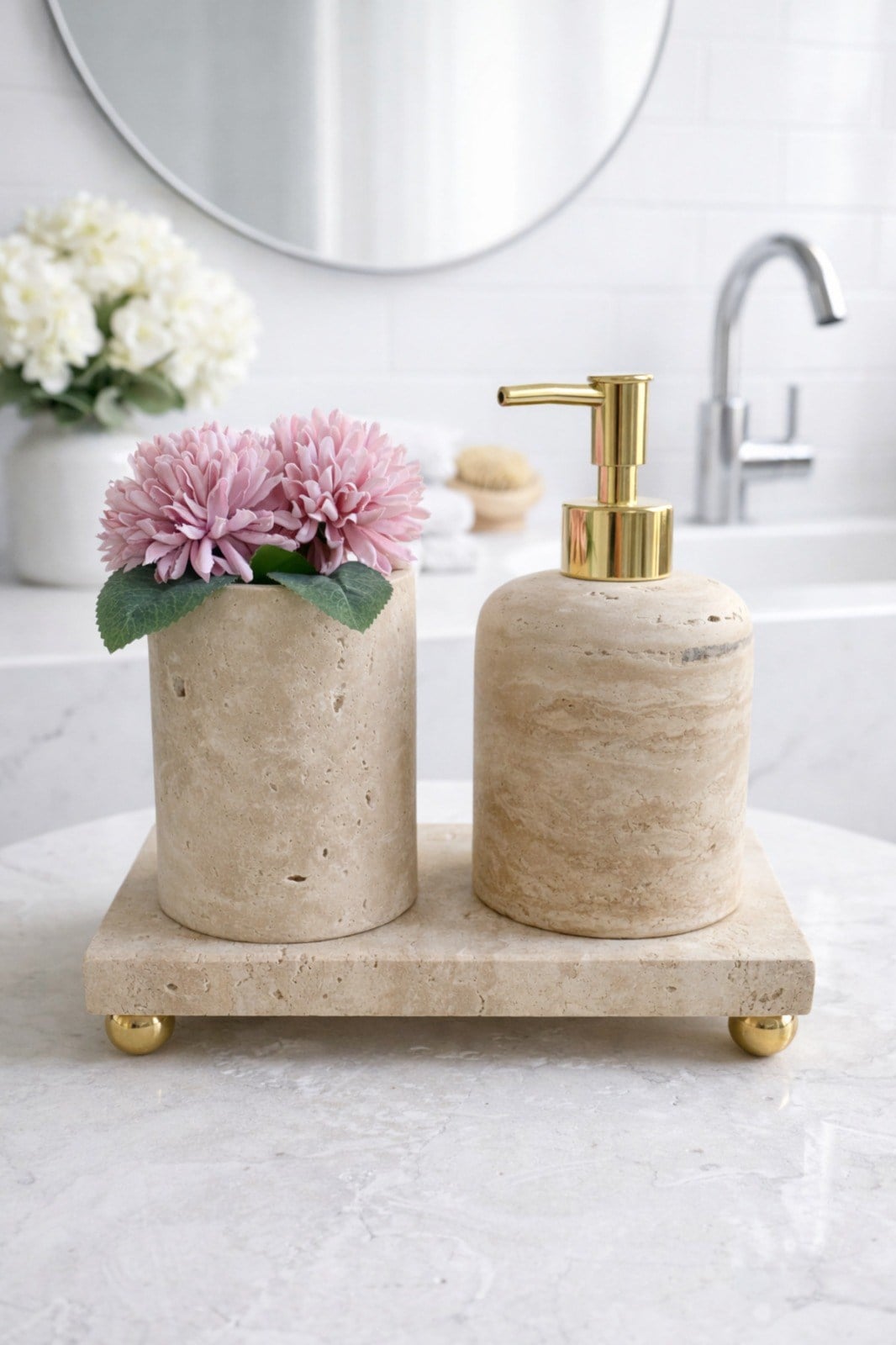DEKORATİF DOĞAL TRAVERTEN MERMER 3 PARÇA GOLD DETAYLI BANYO SETİ