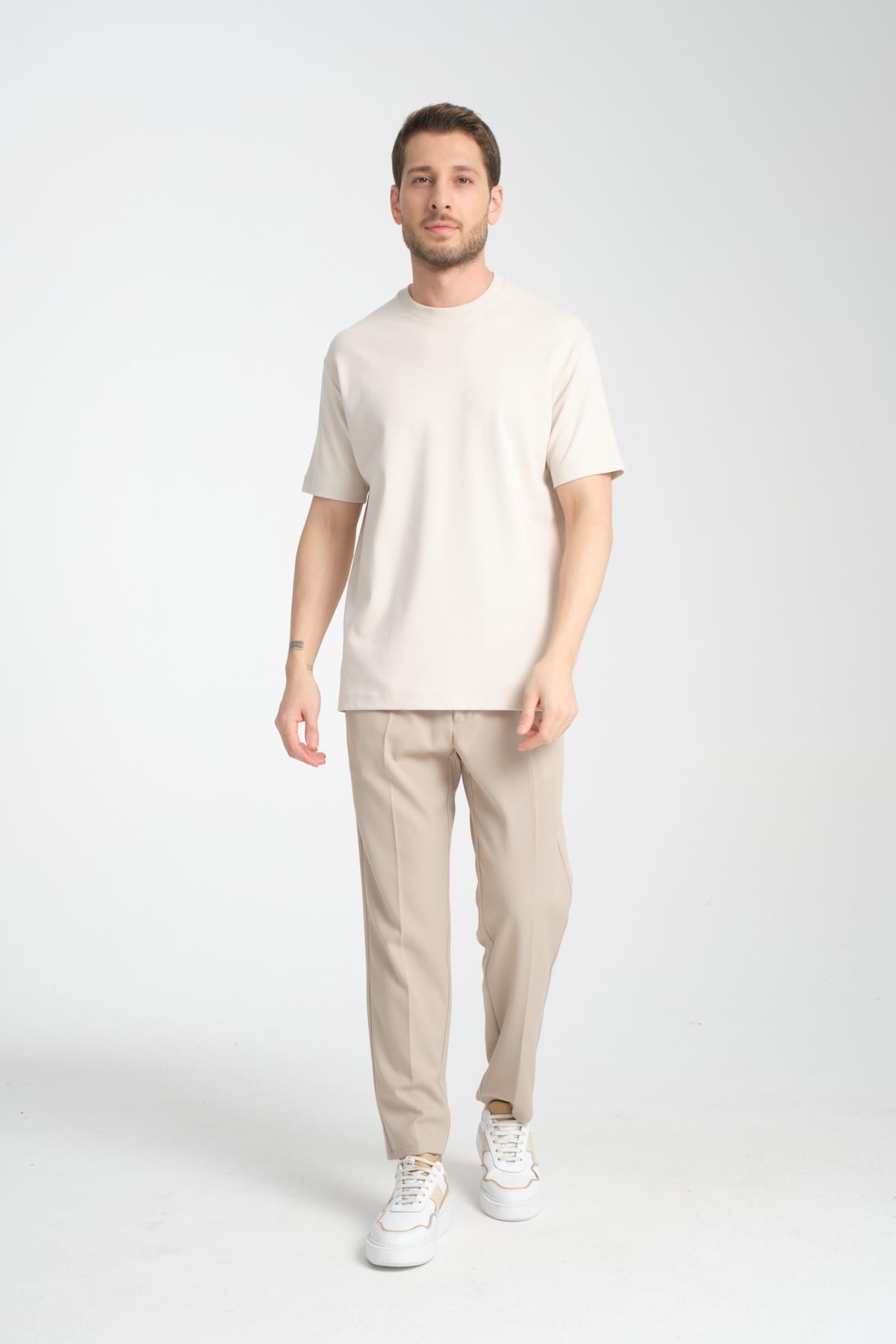 2857 Massimo Erkek Bej %100 Supima Pamuk Esnek Kumaş Regular Fit Bisiklet Yaka Tişört