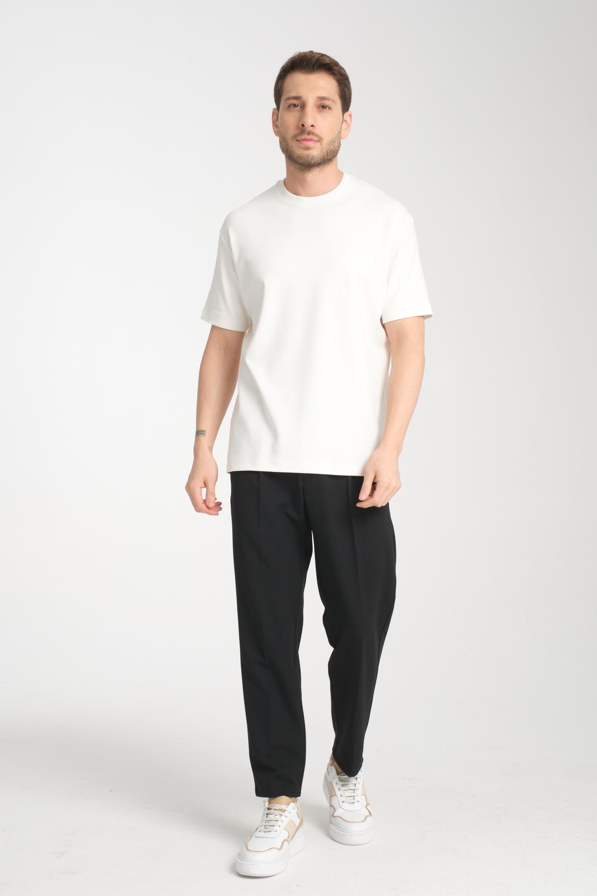 2857 Massimo Erkek Beyaz %100 Supima Pamuk Esnek Kumaş Regular Fit Bisiklet Yaka Tişört