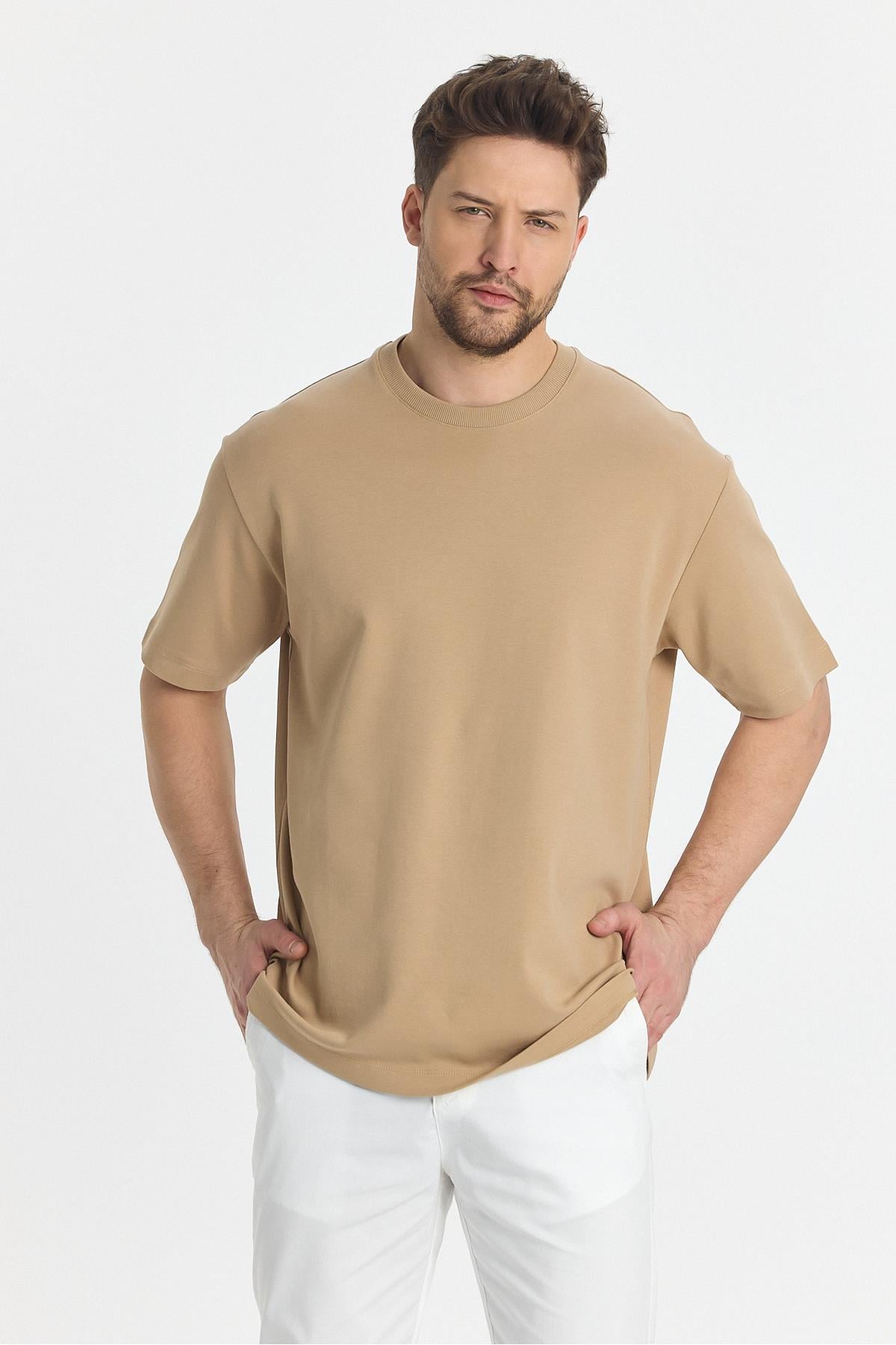 2857 Massimo Erkek Camel %100 Supima Pamuk Çekmeyen Kumaş Regular Fit Bisiklet Yaka Tişört