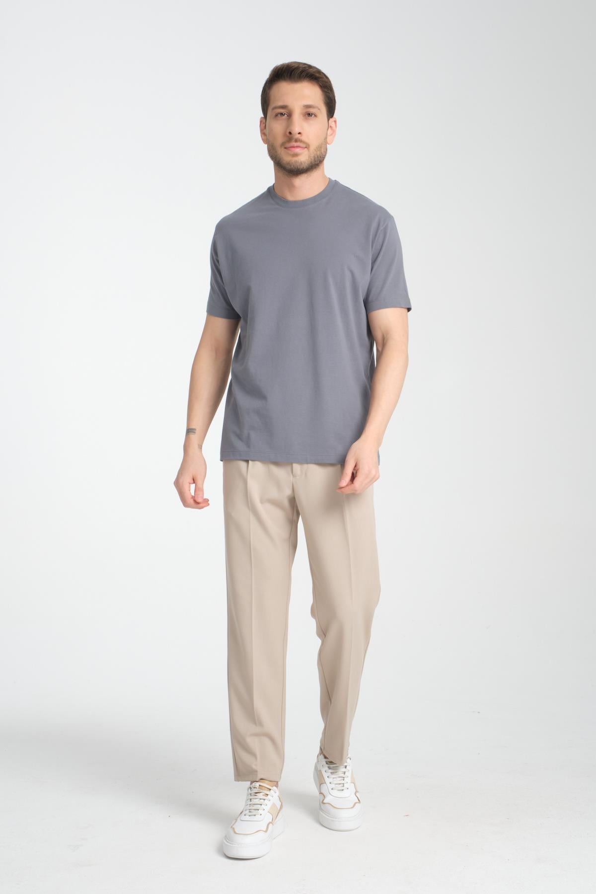 2857 Massimo Erkek Gri %100 Supima Pamuk Esnek Kumaş Regular Fit Bisiklet Yaka Tişört