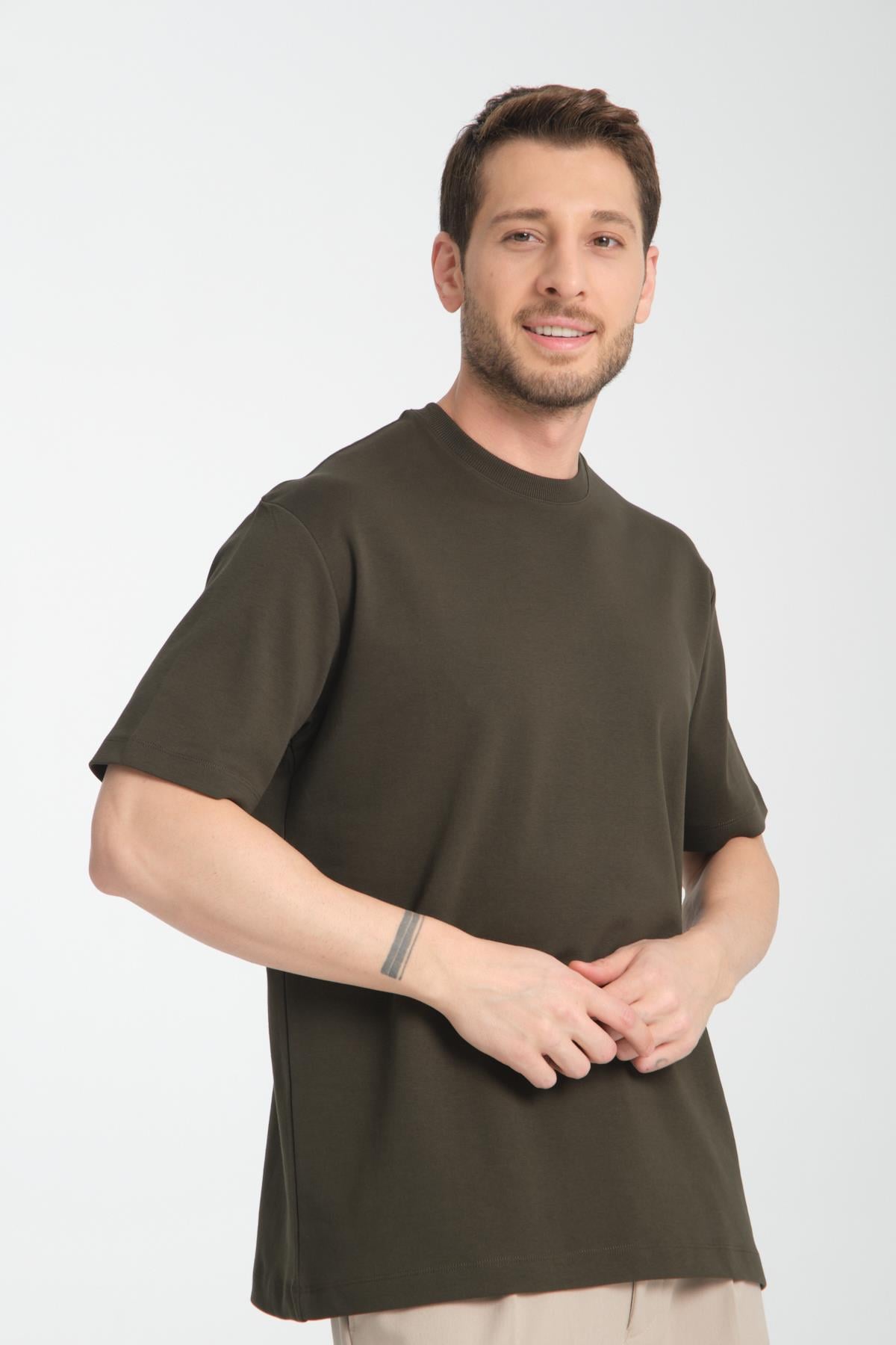 2857 Massimo Erkek Haki %100 Supima Pamuk Esnek Kumaş Regular Fit Bisiklet Yaka Tişört