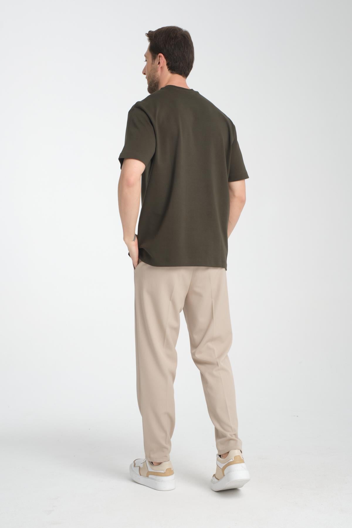 2857 Massimo Erkek Haki %100 Supima Pamuk Esnek Kumaş Regular Fit Bisiklet Yaka Tişört