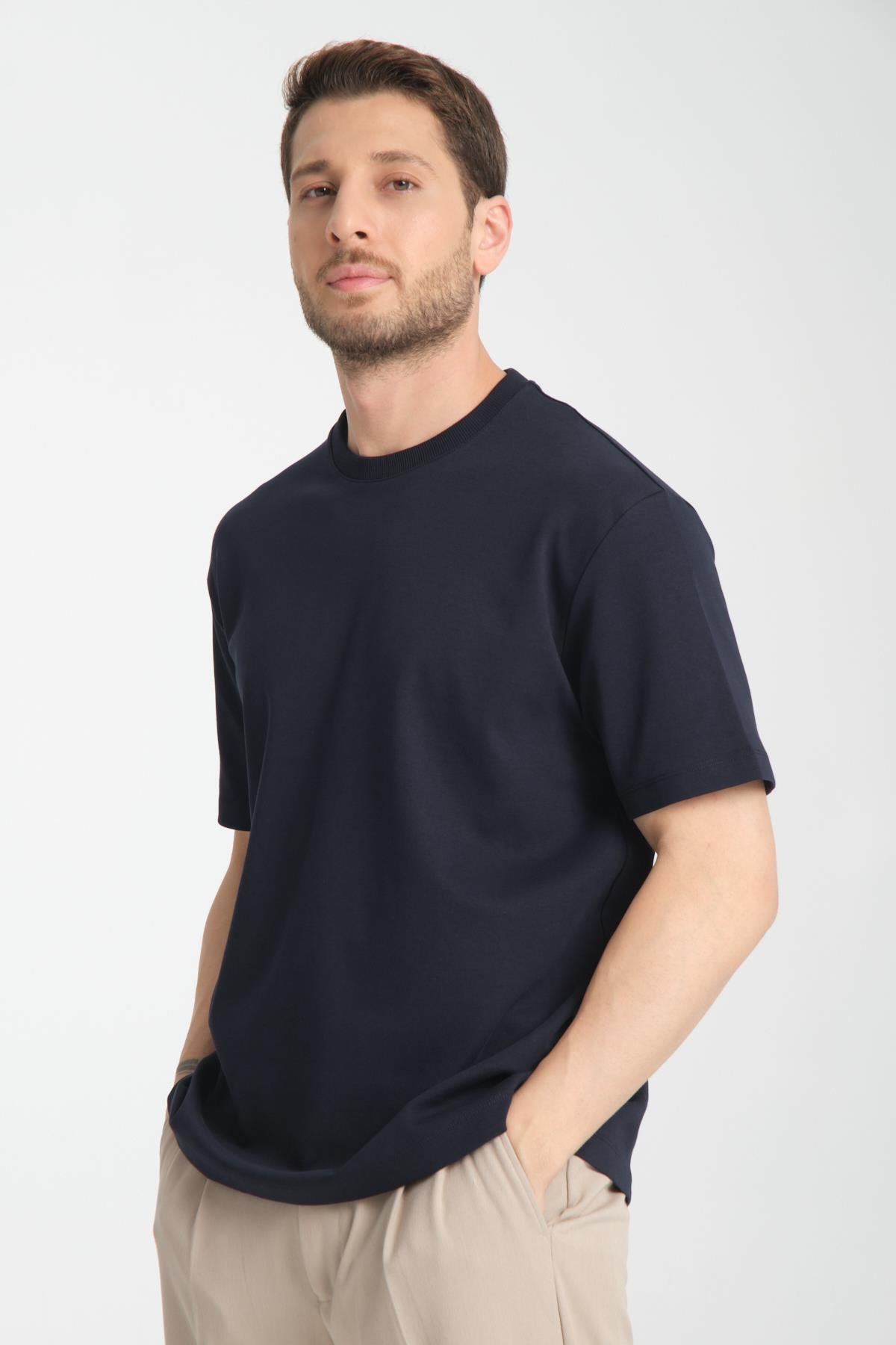 2857 Massimo Erkek Koyu Lacivert %100 Supima Pamuk Esnek Kumaş Regular Fit Bisiklet Yaka Tişört