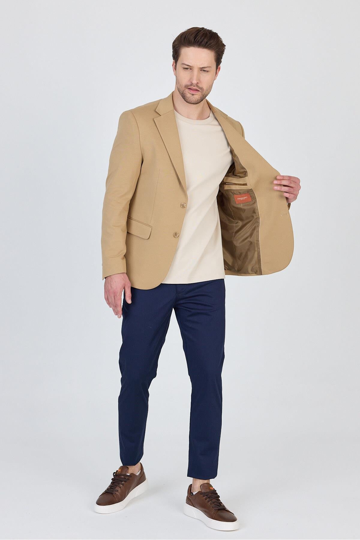 3115 Erkek Açık Vizon Esnek Likralı Pamuk Karışımlı Slim Fit İlkbahar-Yaz Spor Blazer Ceket