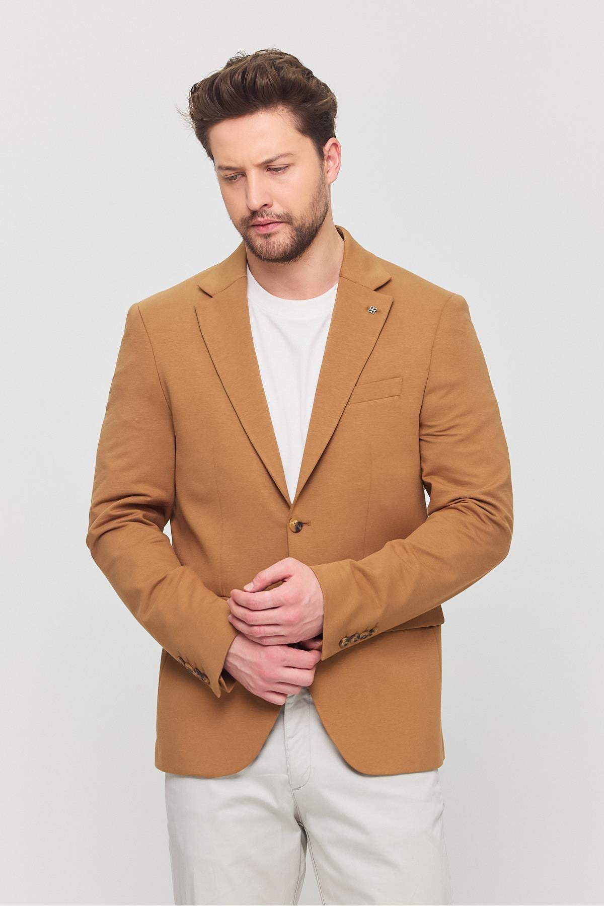 3115 Erkek Camel Esnek Likralı Pamuk Karışımlı Slim Fit İlkbahar-Yaz Spor Blazer Ceket