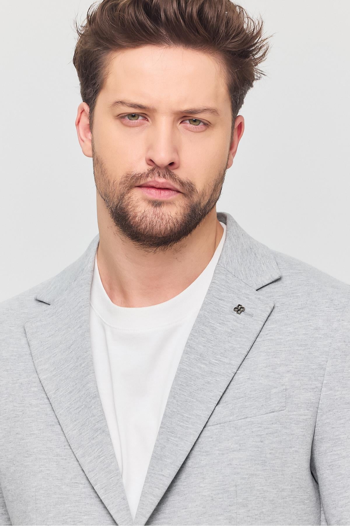 3115 Erkek Gri Esnek Likralı Pamuk Karışımlı Slim Fit İlkbahar-Yaz Spor Blazer Ceket