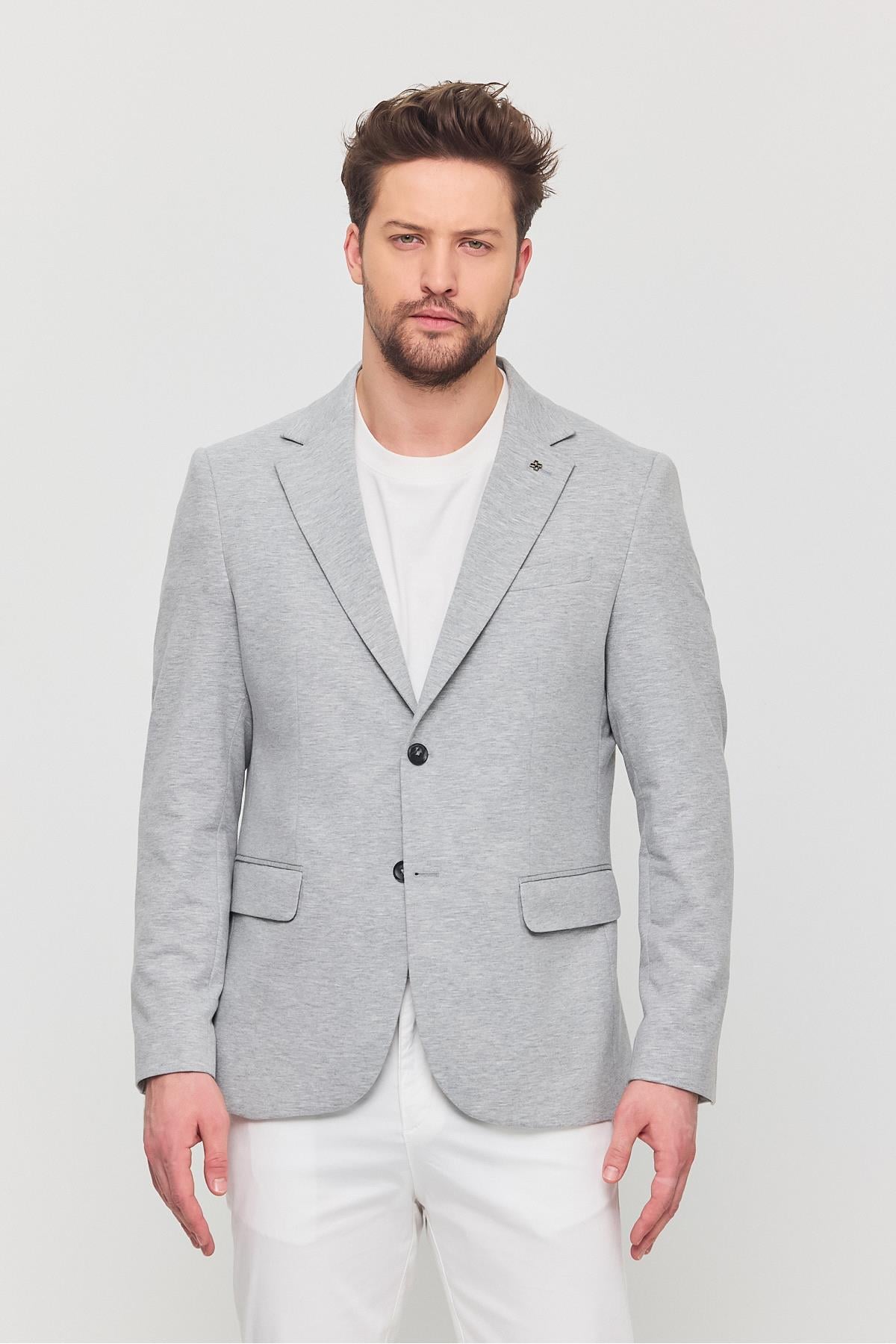 3115 Erkek Gri Esnek Likralı Pamuk Karışımlı Slim Fit İlkbahar-Yaz Spor Blazer Ceket