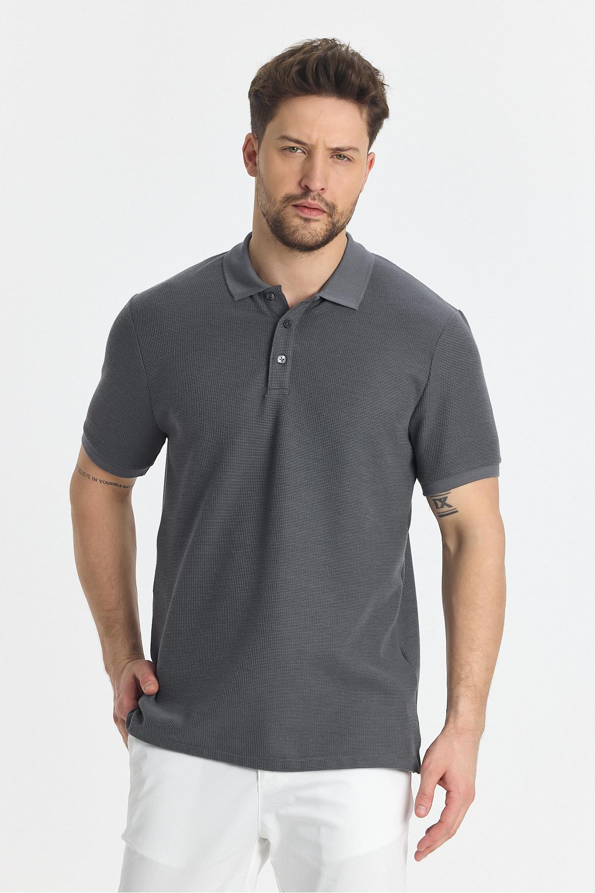 360 Esnek Waffle Düğmeli Polo Yaka Erkek Regular Fit Polo Yaka T-Shirt 100% Pamuk