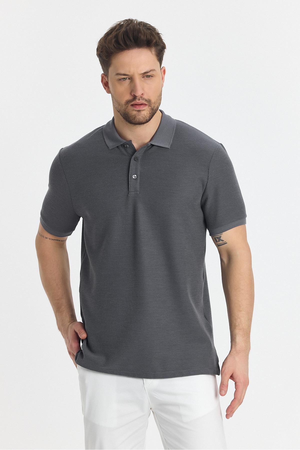 360 Esnek Waffle Düğmeli Polo Yaka Erkek Regular Fit Polo Yaka T-Shirt 100% Pamuk