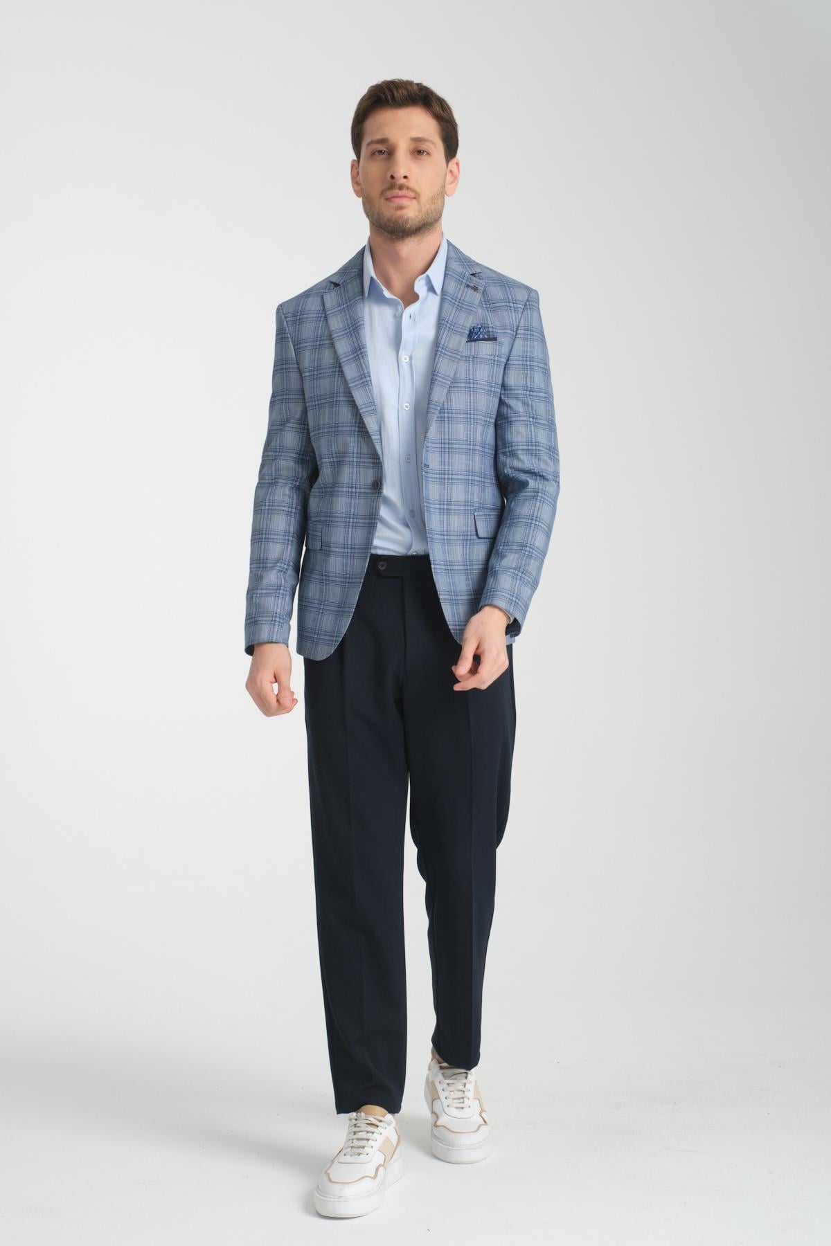 Açık Lacivert Ekose Slim Fit Dar Kesim Erkek Blazer Ceket
