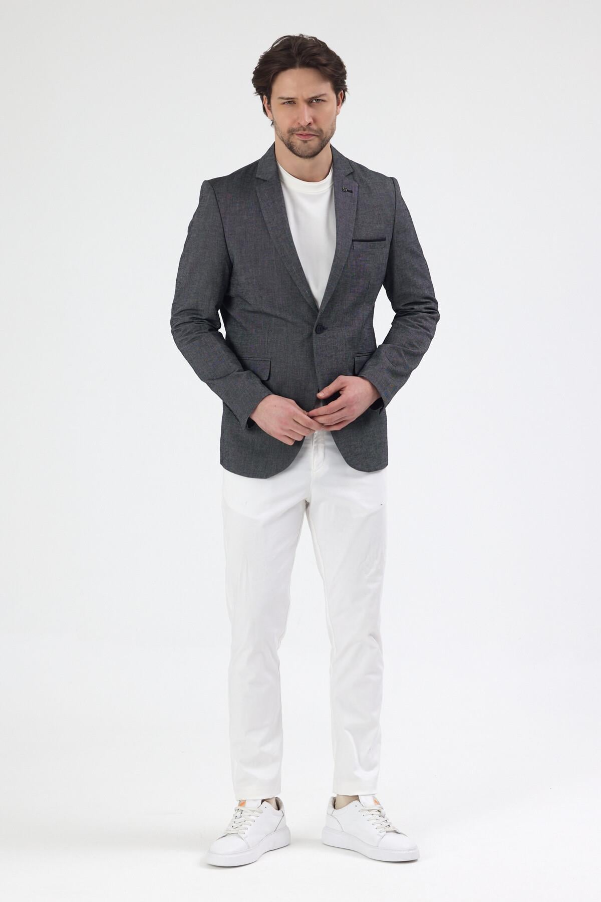 Adelmiro Erkek Siyah Yazlık Mono Yaka Slim Fit Keten Görünümlü Blazer Ceket