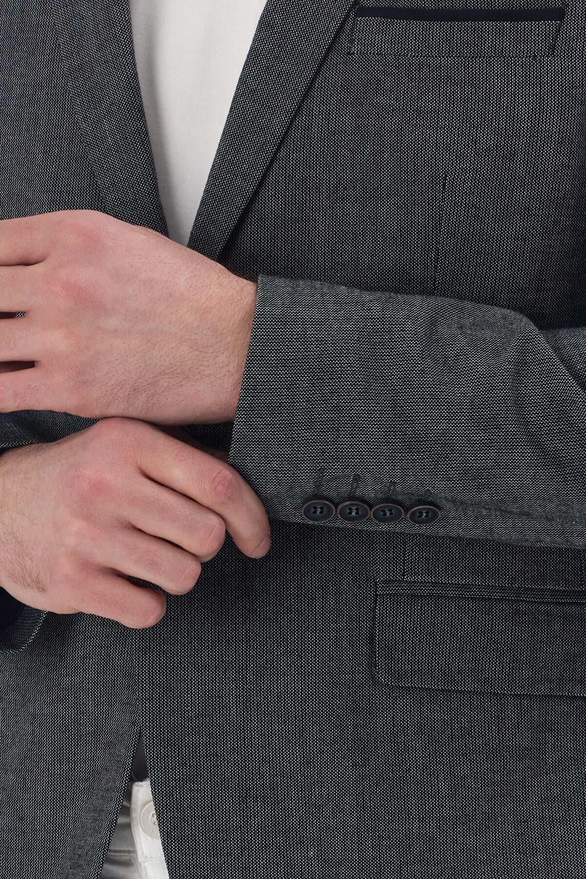 Adelmiro Erkek Siyah Yazlık Mono Yaka Slim Fit Keten Görünümlü Blazer Ceket