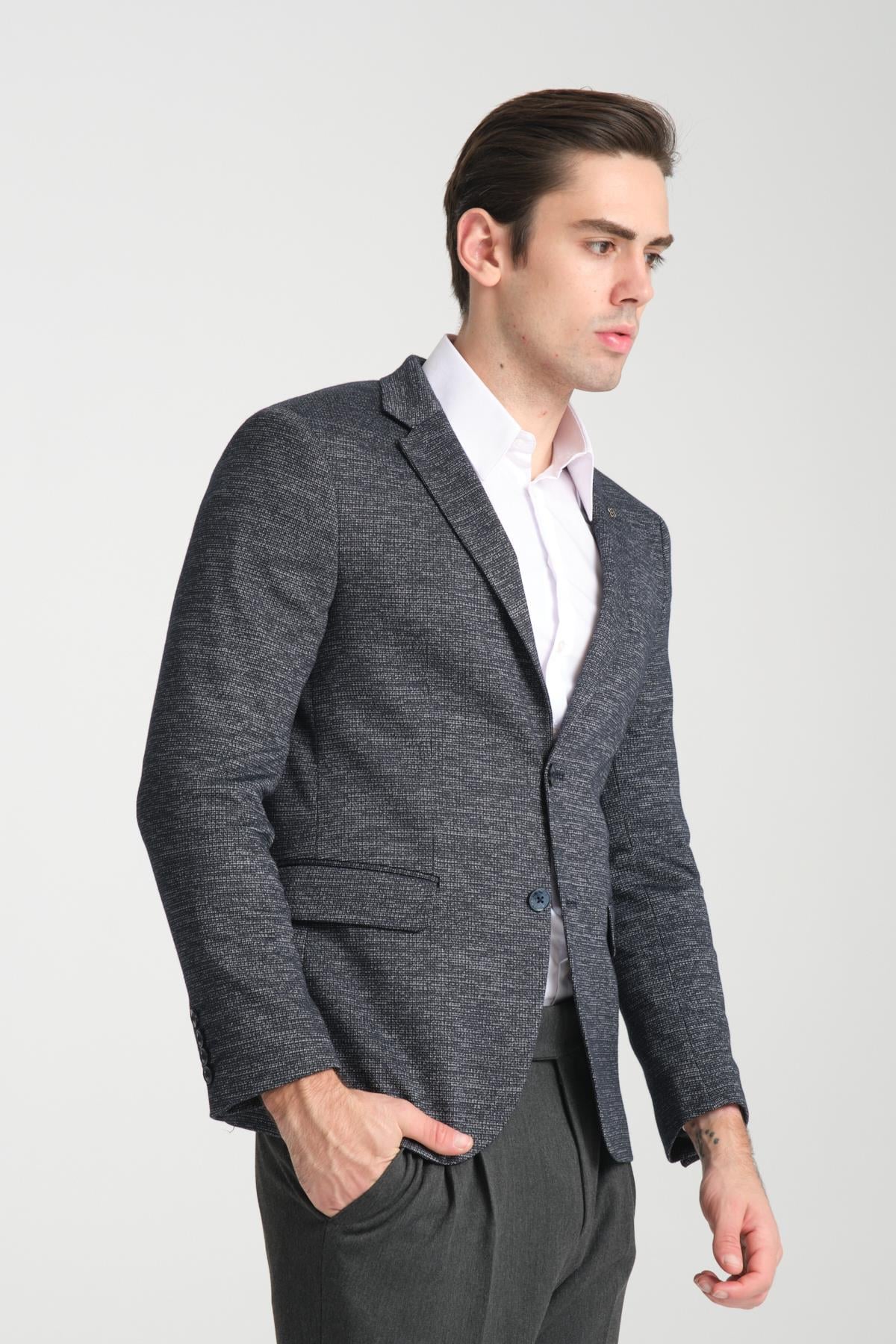 Aimame Erkek Lacivert Mono Yaka Örme Esnek Likralı Kumaş Blazer Ceket
