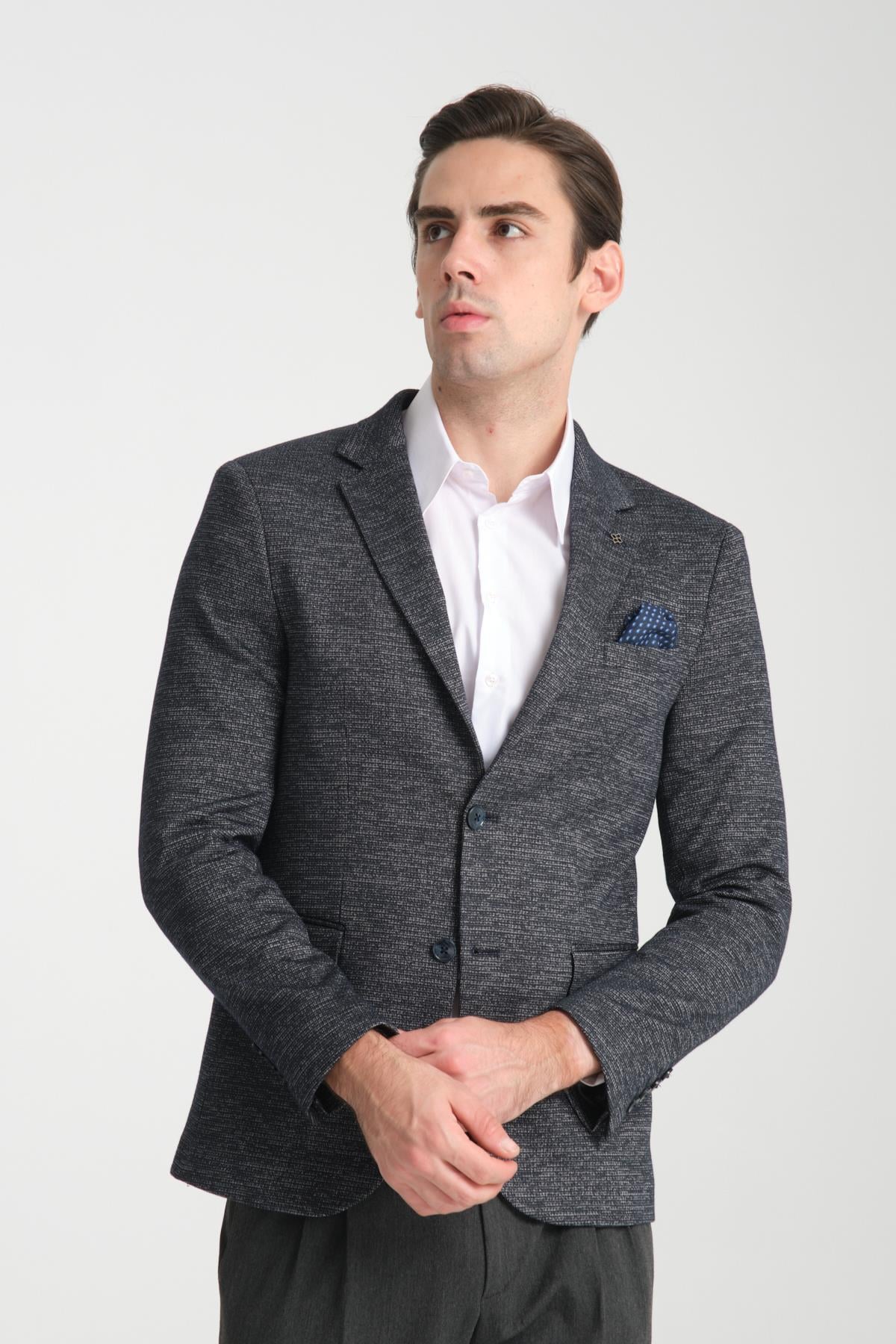 Aimame Erkek Lacivert Mono Yaka Örme Esnek Likralı Kumaş Blazer Ceket