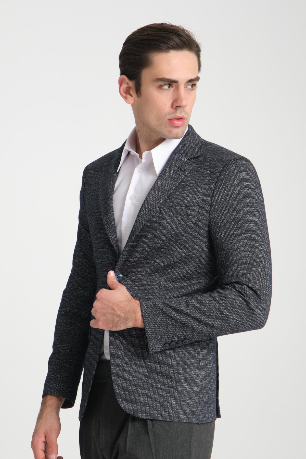 Aimame Erkek Lacivert Mono Yaka Örme Esnek Likralı Kumaş Blazer Ceket