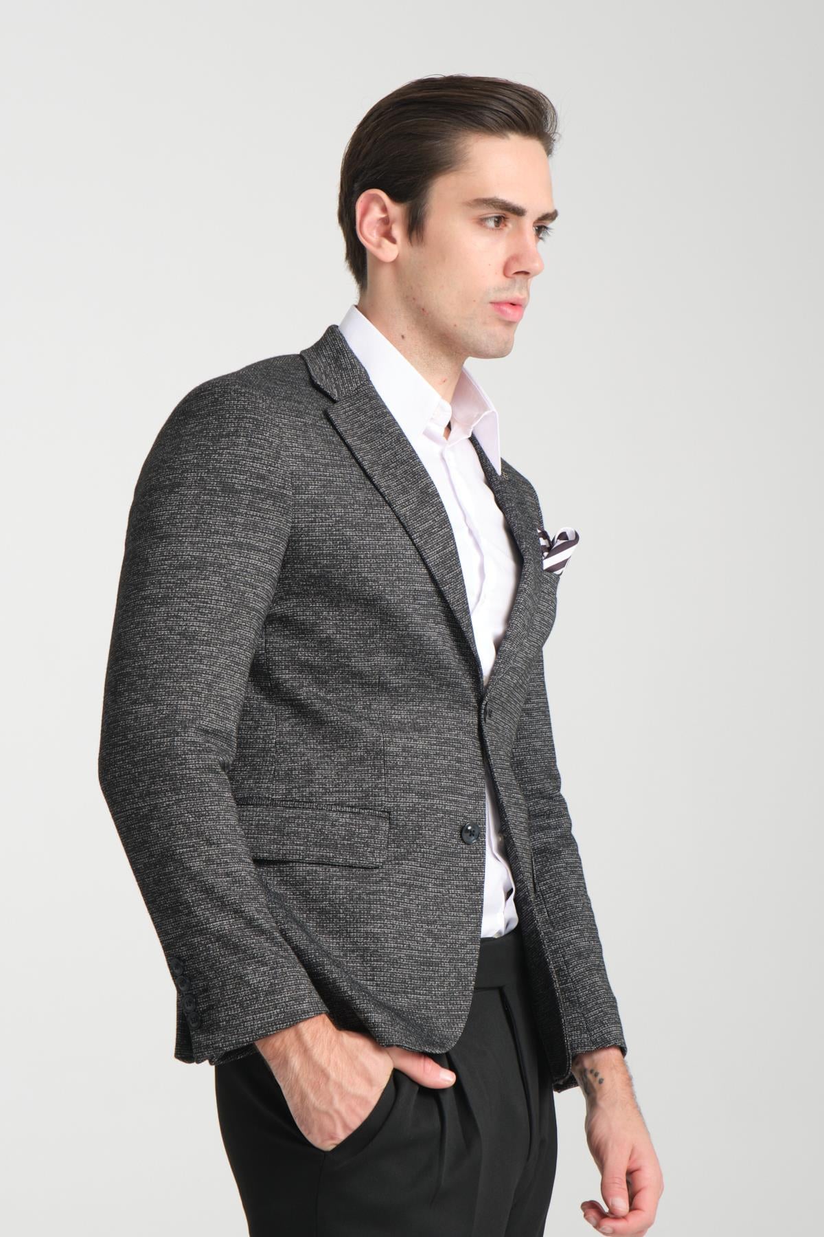 Aimame Erkek Siyah Mono Yaka Örme Esnek Likralı Kumaş Blazer Ceket