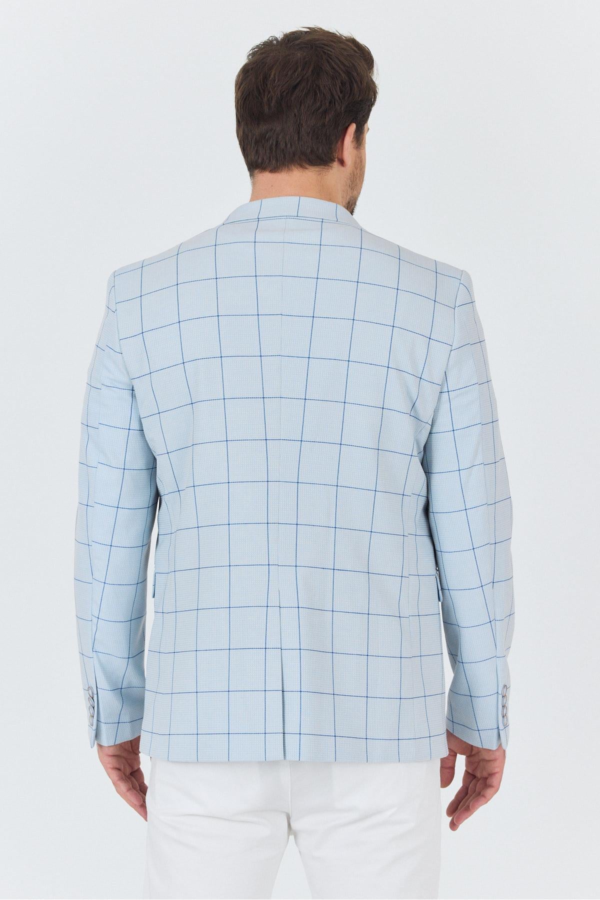 Aldano Erkek Bebe Mavisi Ekose Kareli Polyviskon Kumaş Slim Fit Spor Blazer Ceket