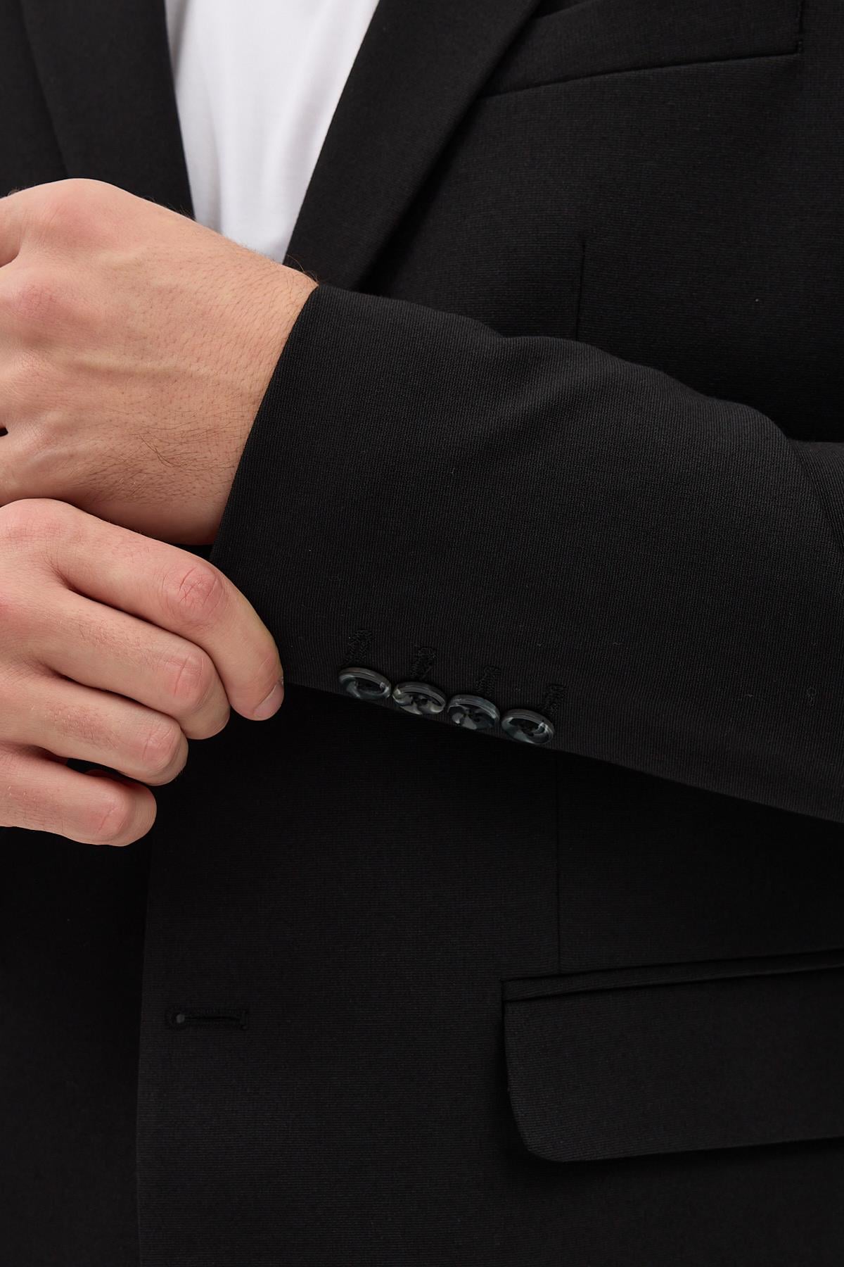 Alfonso Erkek Siyah Pamuklu Likralı Slim Fit Örme Esneyen Mono Yaka Spor Blazer Ceket