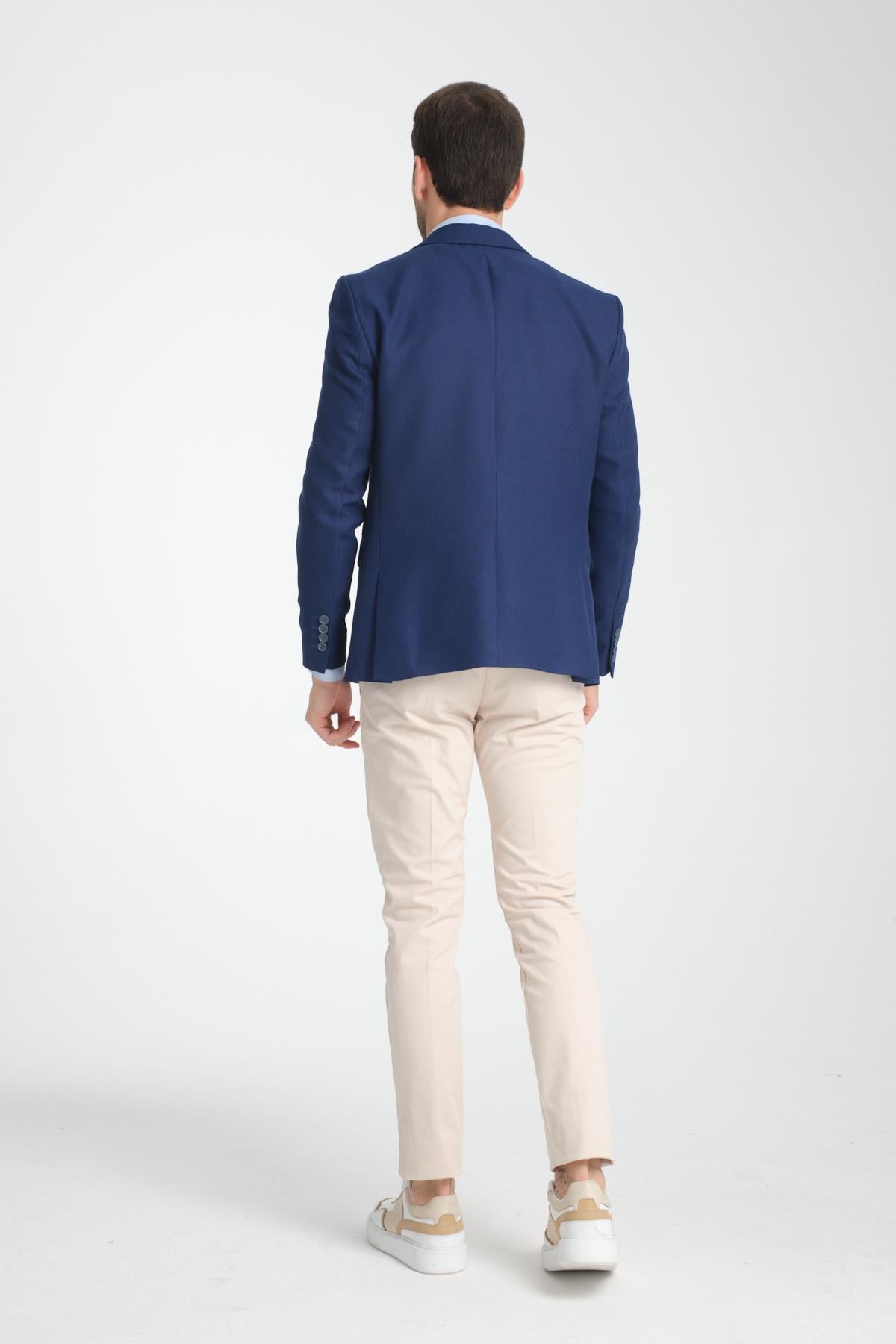 Alfredo Erkek İndigo Mono Yaka Keten Desenli Slim Fit Spor Blazer Ceket