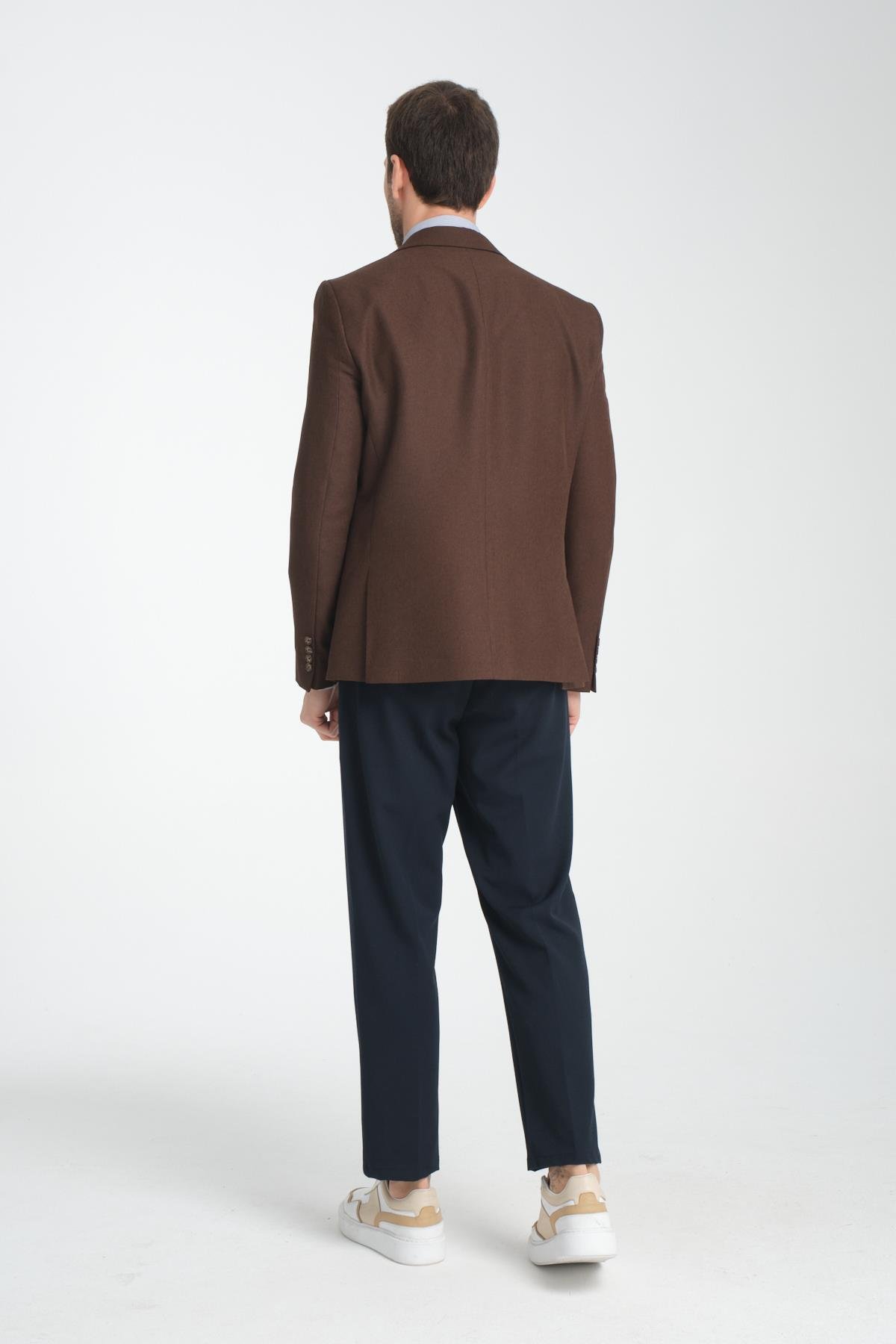 Alfredo Erkek Kahve Mono Yaka Keten Desenli Slim Fit Spor Blazer Ceket