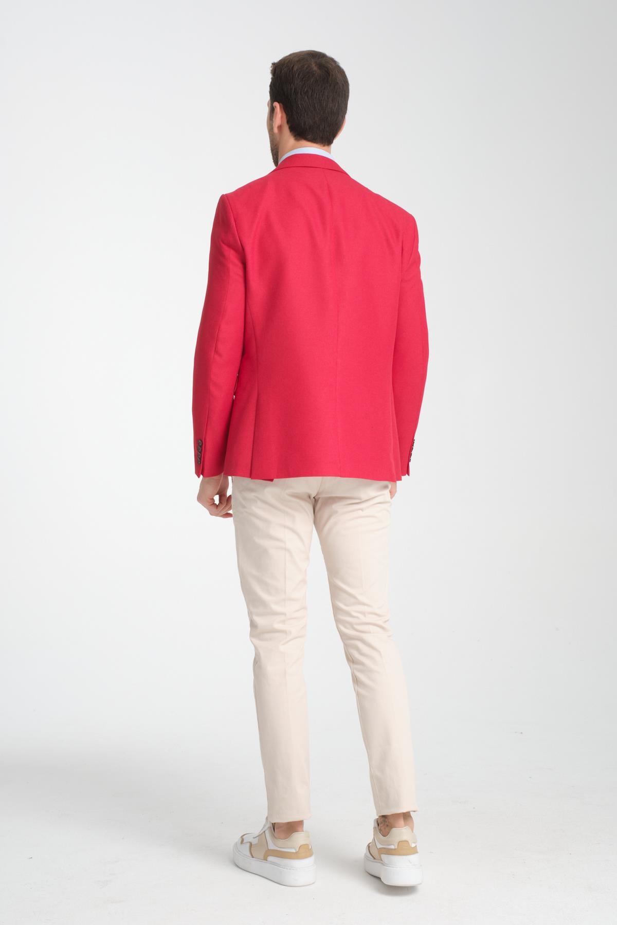 Alfredo Erkek Kırmızı Mono Yaka Keten Desenli Slim Fit Spor Blazer Ceket