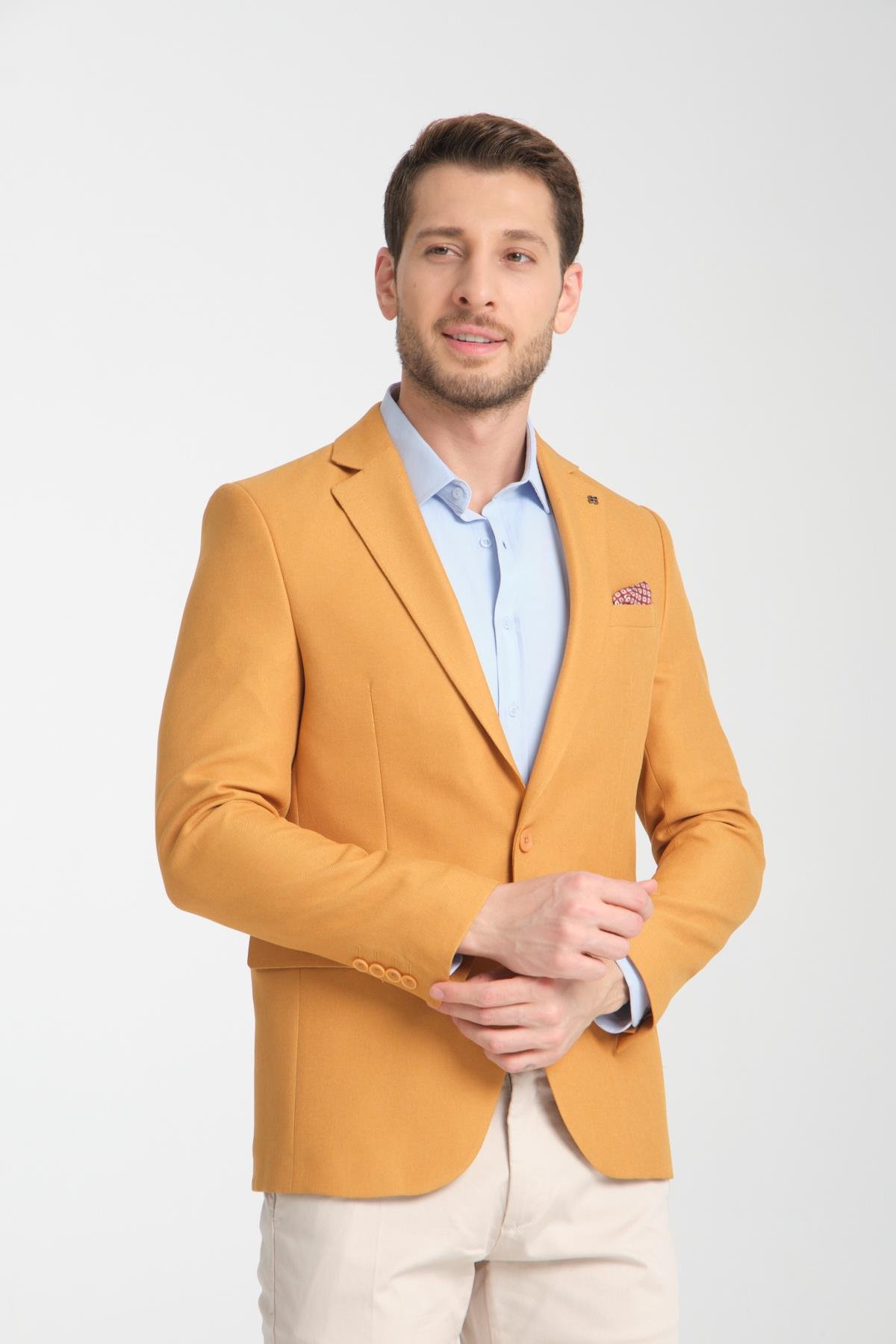 Alfredo Erkek Sarı Mono Yaka Keten Desenli Slim Fit Spor Blazer Ceket
