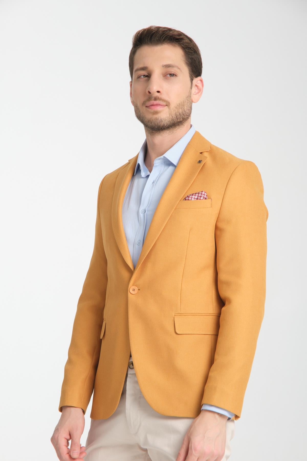 Alfredo Erkek Sarı Mono Yaka Keten Desenli Slim Fit Spor Blazer Ceket