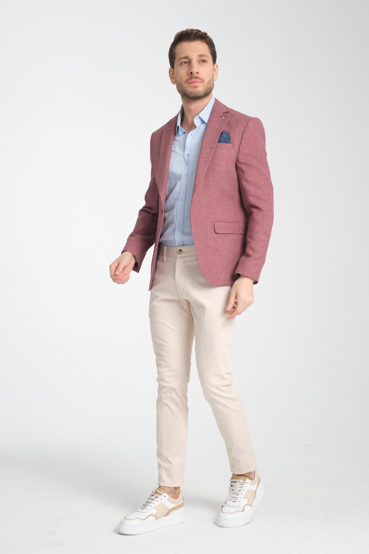 Allegri Erkek Bordo Desenli Slim Fit Mono Yaka Spor Blazer Ceket