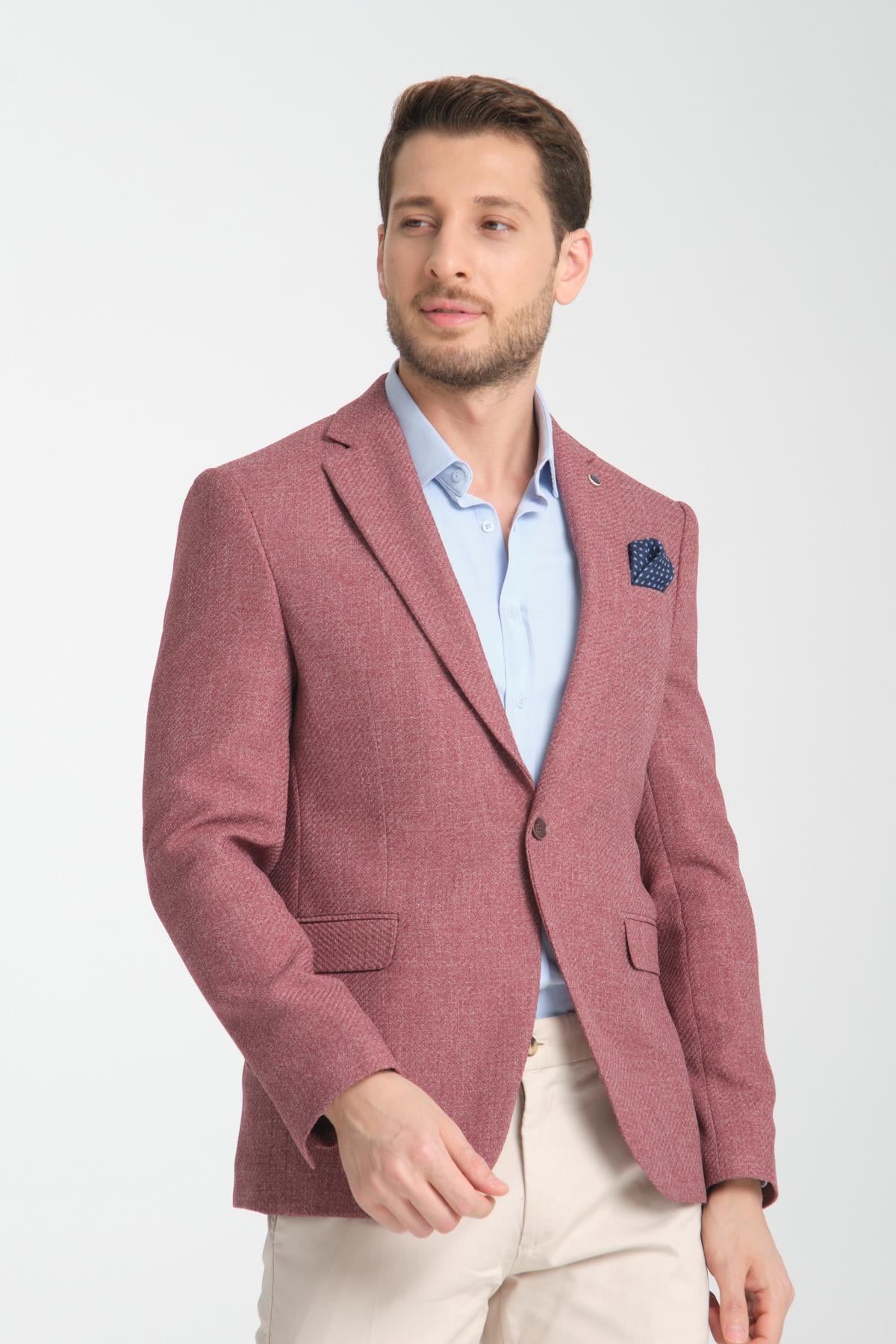 Allegri Erkek Bordo Desenli Slim Fit Mono Yaka Spor Blazer Ceket