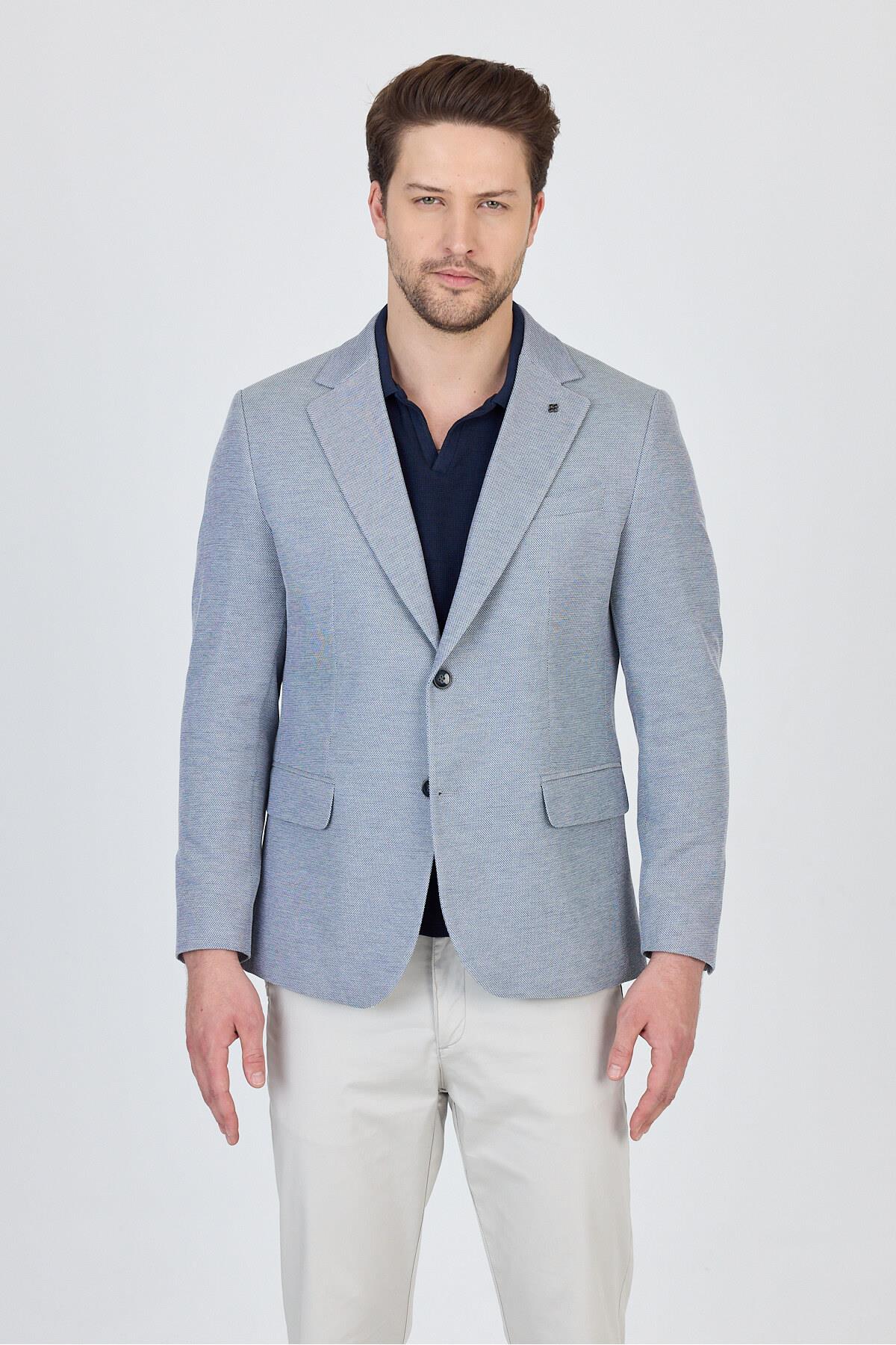 Antony Erkek Açık Lacivert-gri Örme Kumaş Esneyen Spor Blazer Ceket