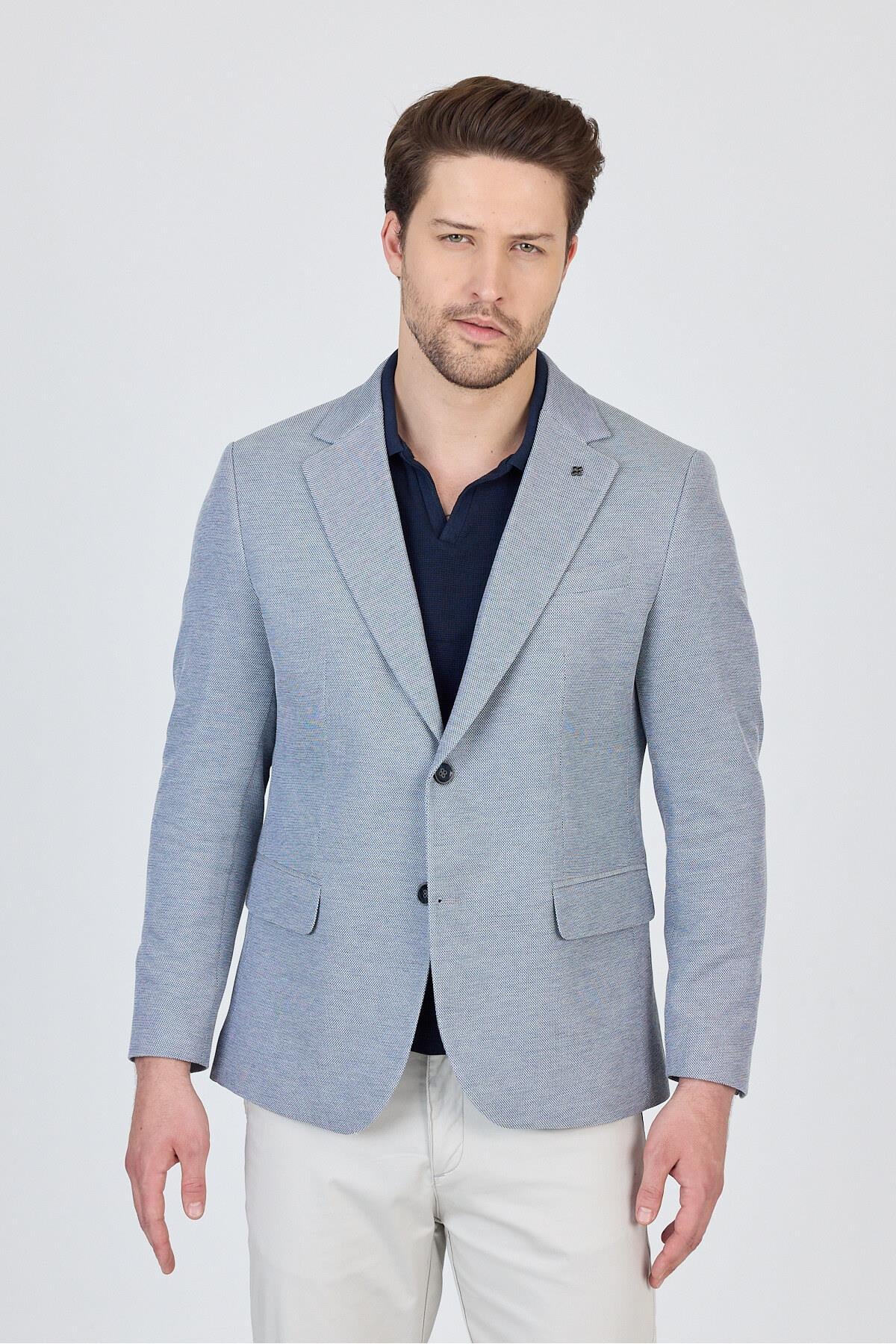 Antony Erkek Açık Lacivert-gri Örme Kumaş Esneyen Spor Blazer Ceket