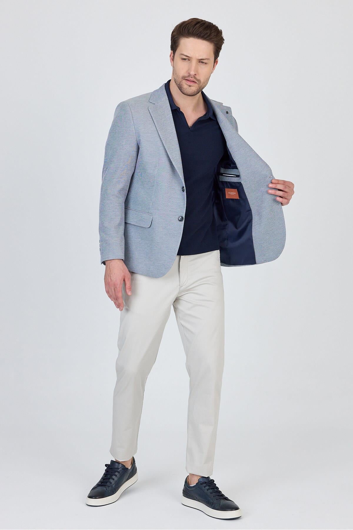 Antony Erkek Açık Lacivert-gri Örme Kumaş Esneyen Spor Blazer Ceket