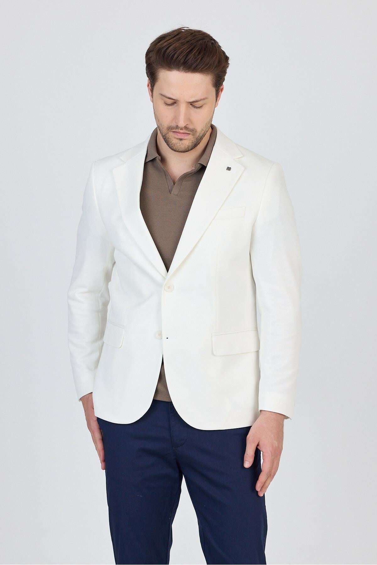 Antony Erkek Beyaz Polyester Kumaşlı Slim Fit İlkbahar-Yaz Spor Blazer Ceket