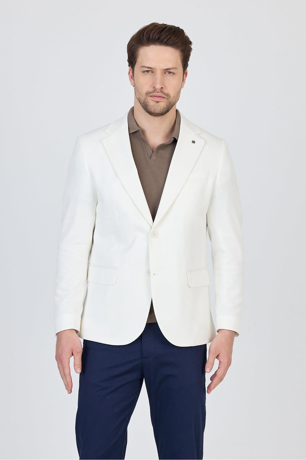 Antony Erkek Beyaz Polyester Kumaşlı Slim Fit İlkbahar-Yaz Spor Blazer Ceket
