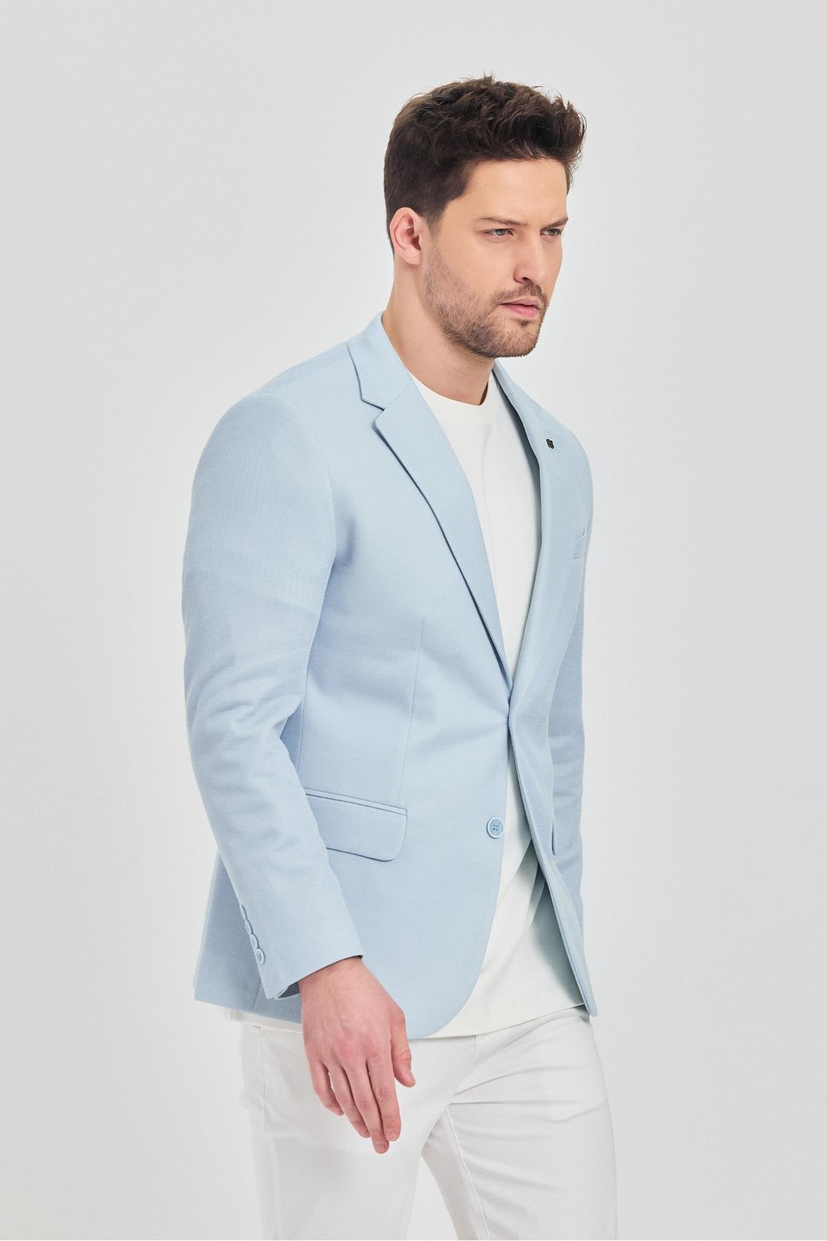 Antony Erkek Buz Mavi Polyester Kumaşlı Slim Fit İlkbahar-Yaz Spor Blazer Ceket