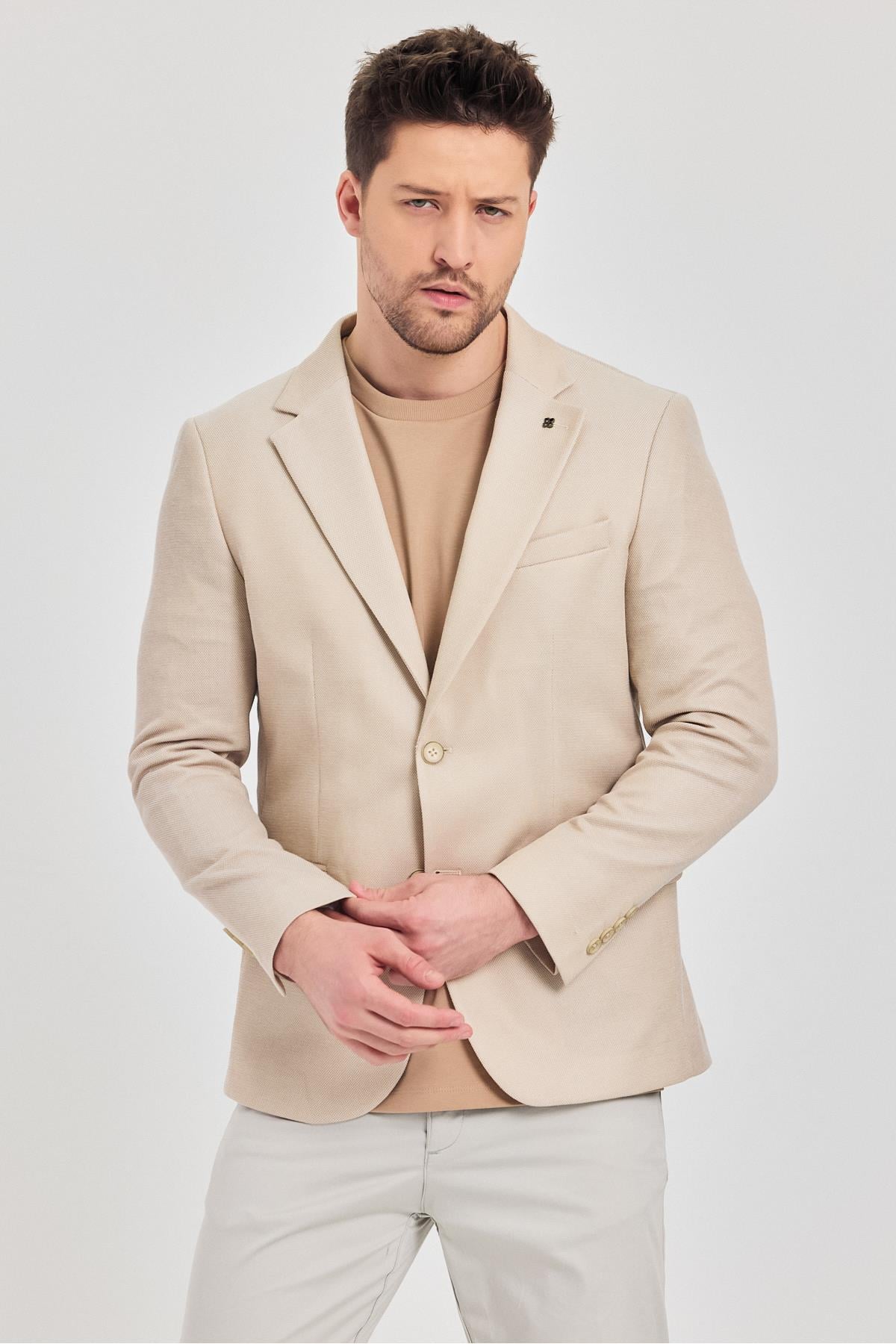 Antony Erkek Camel-bej Polyviskon Kumaşlı Slim Fit İlkbahar-yaz Spor Blazer Ceket