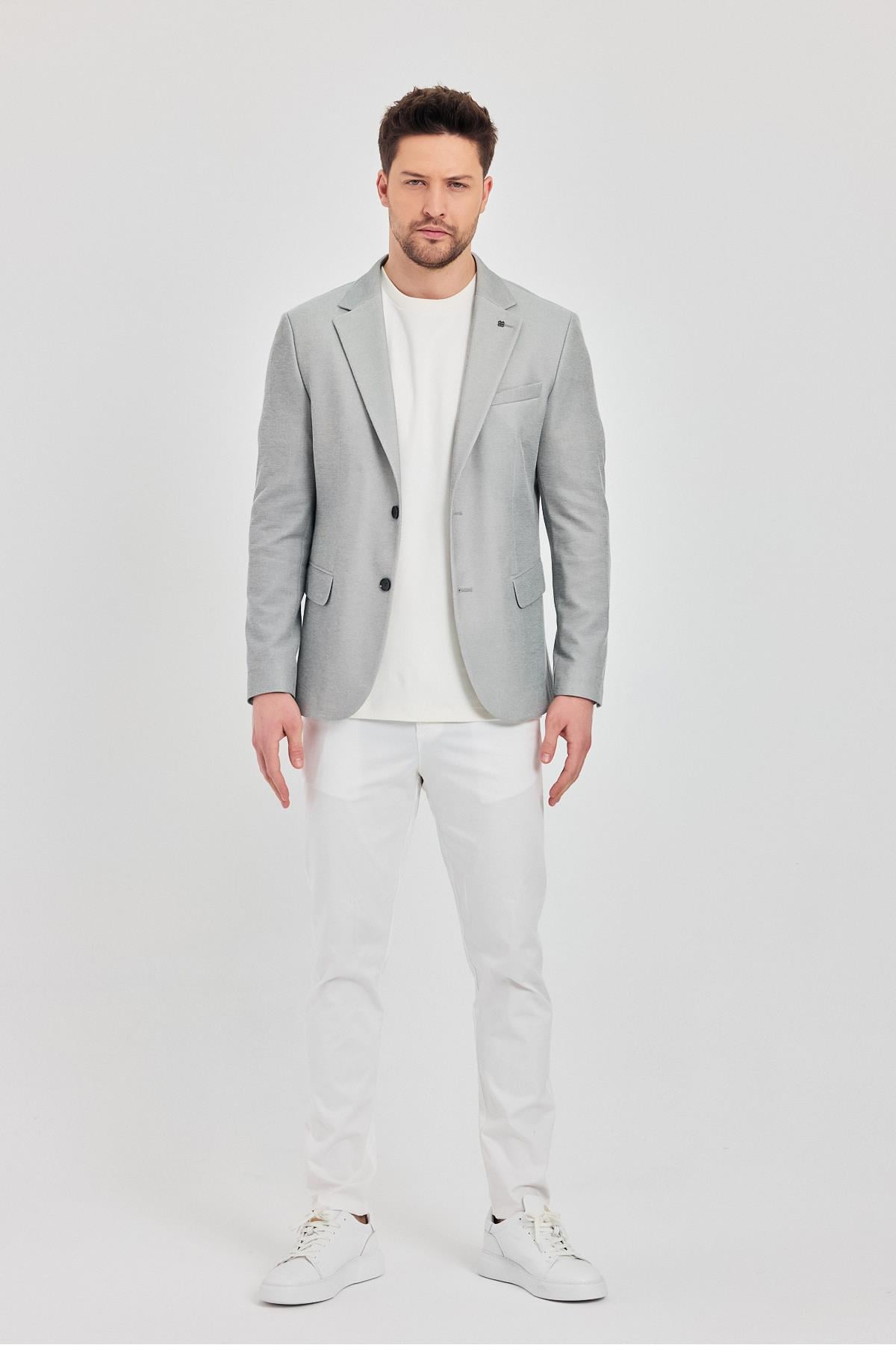 Antony Erkek Siyah-Gri Polyviskon Kumaşlı Slim Fit İlkbahar-Yaz Spor Blazer Ceket