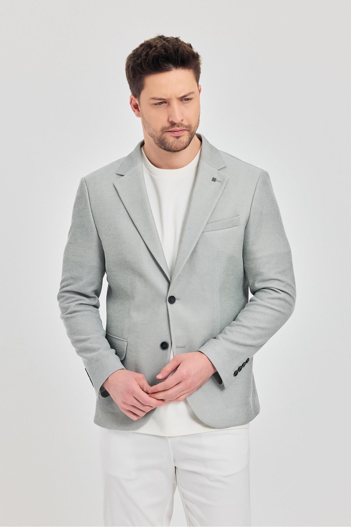 Antony Erkek Siyah-Gri Polyviskon Kumaşlı Slim Fit İlkbahar-Yaz Spor Blazer Ceket