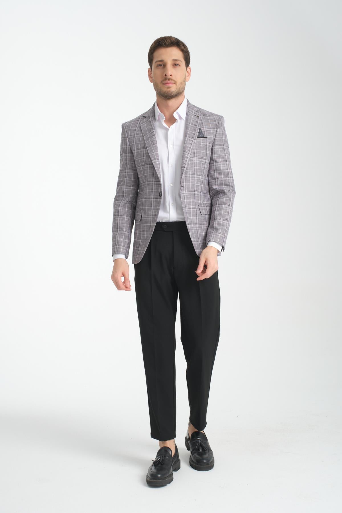 Aradori Erkek Gri Ekose Slim Fit Mono Yaka Spor Blazer Ceket