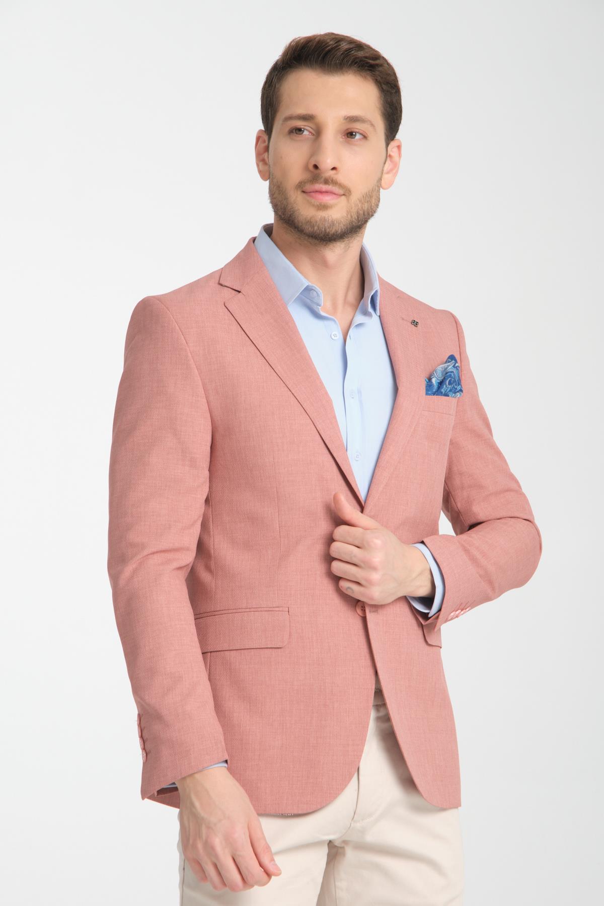 Arunte Erkek Skin Pudra Mono Yaka Slim Fit Blazer (Büyük Beden - Battal)