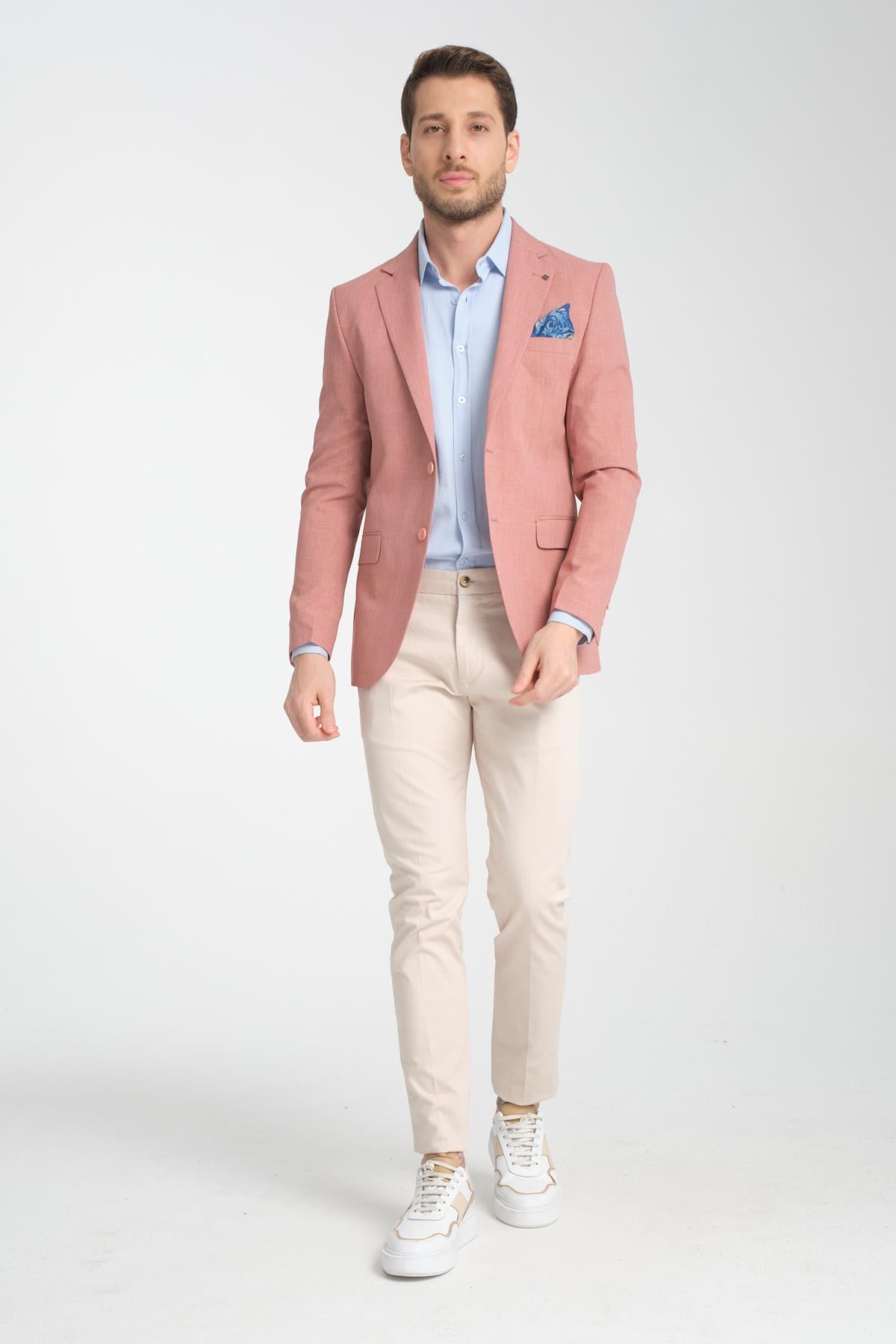 Arunte Erkek Skin Pudra Mono Yaka Slim Fit Blazer (Büyük Beden - Battal)