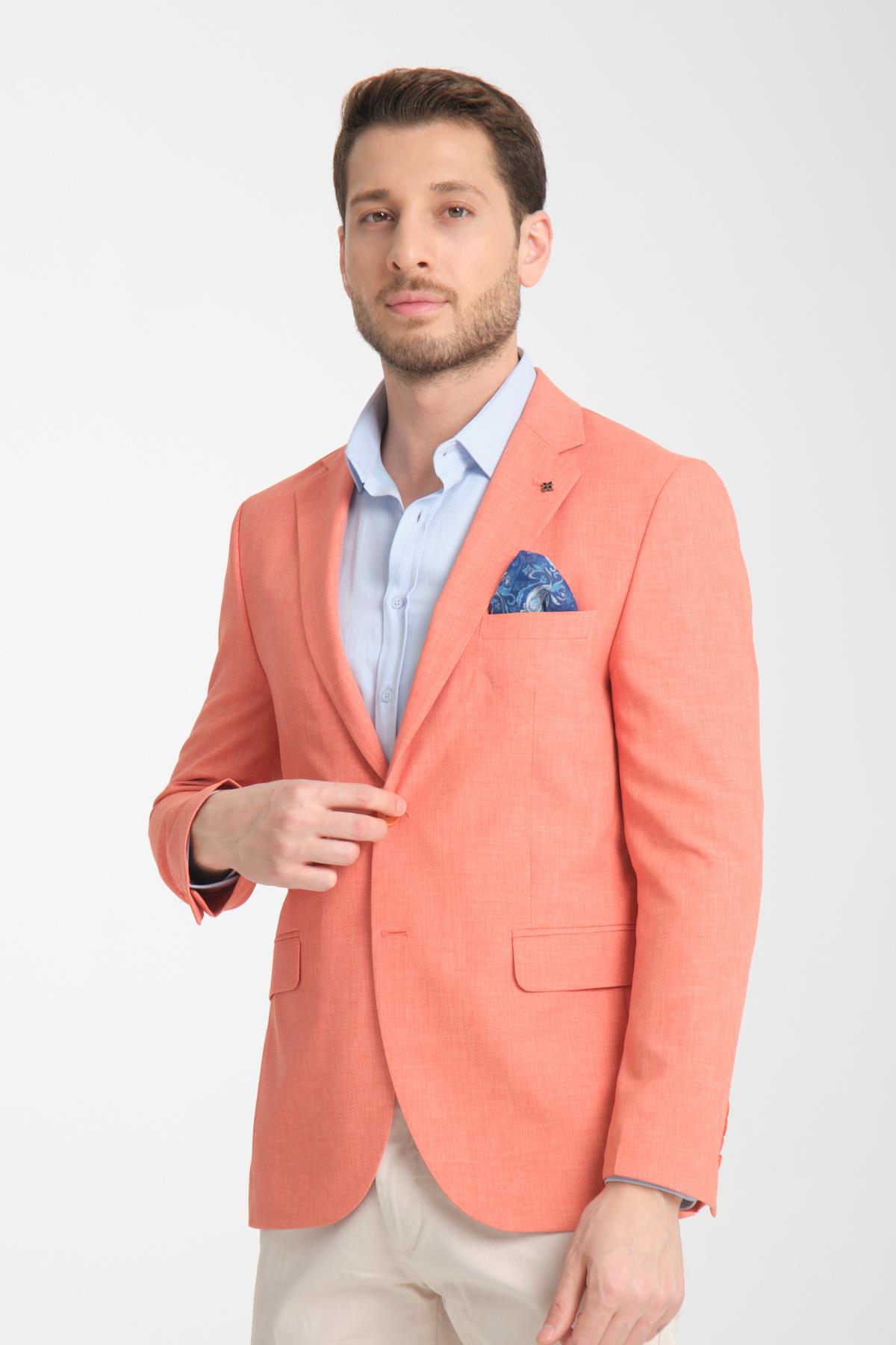 Arunte Erkek Turuncu Keten Görünümlü Ince Dört Mevsim Giyilebilir Slim Fit Blazer Ceket