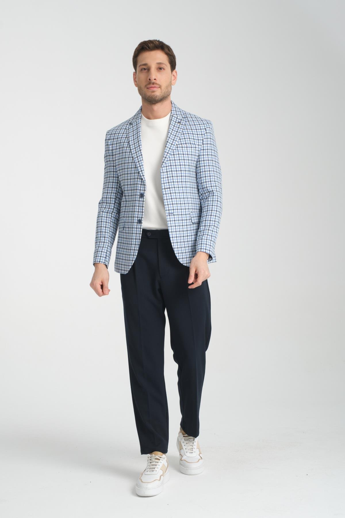 Assente Erkek A.Lacivert - Mavi Keten Görünümlü Ekose Slim Fit Mono Yaka Spor Blazer Ceket