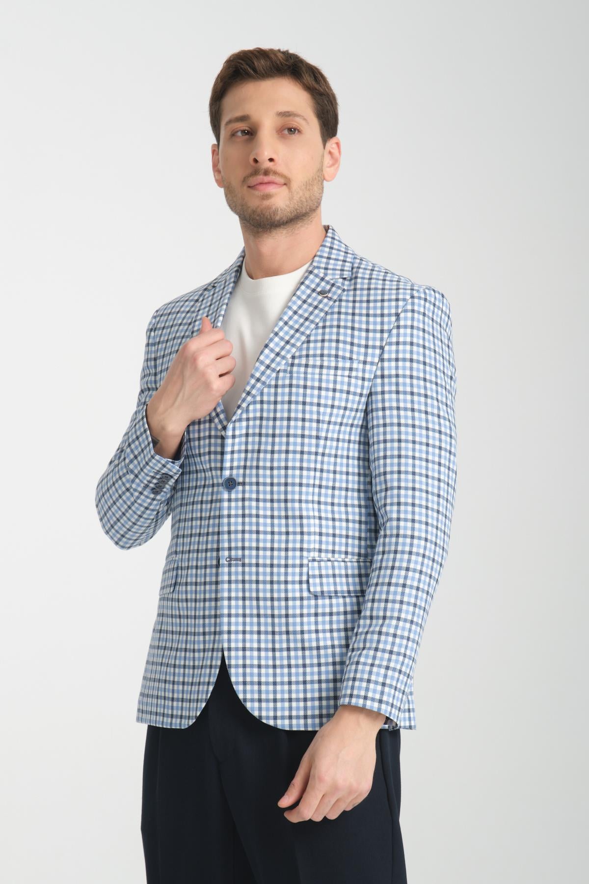Assente Erkek A.Lacivert - Mavi Keten Görünümlü Ekose Slim Fit Mono Yaka Spor Blazer Ceket