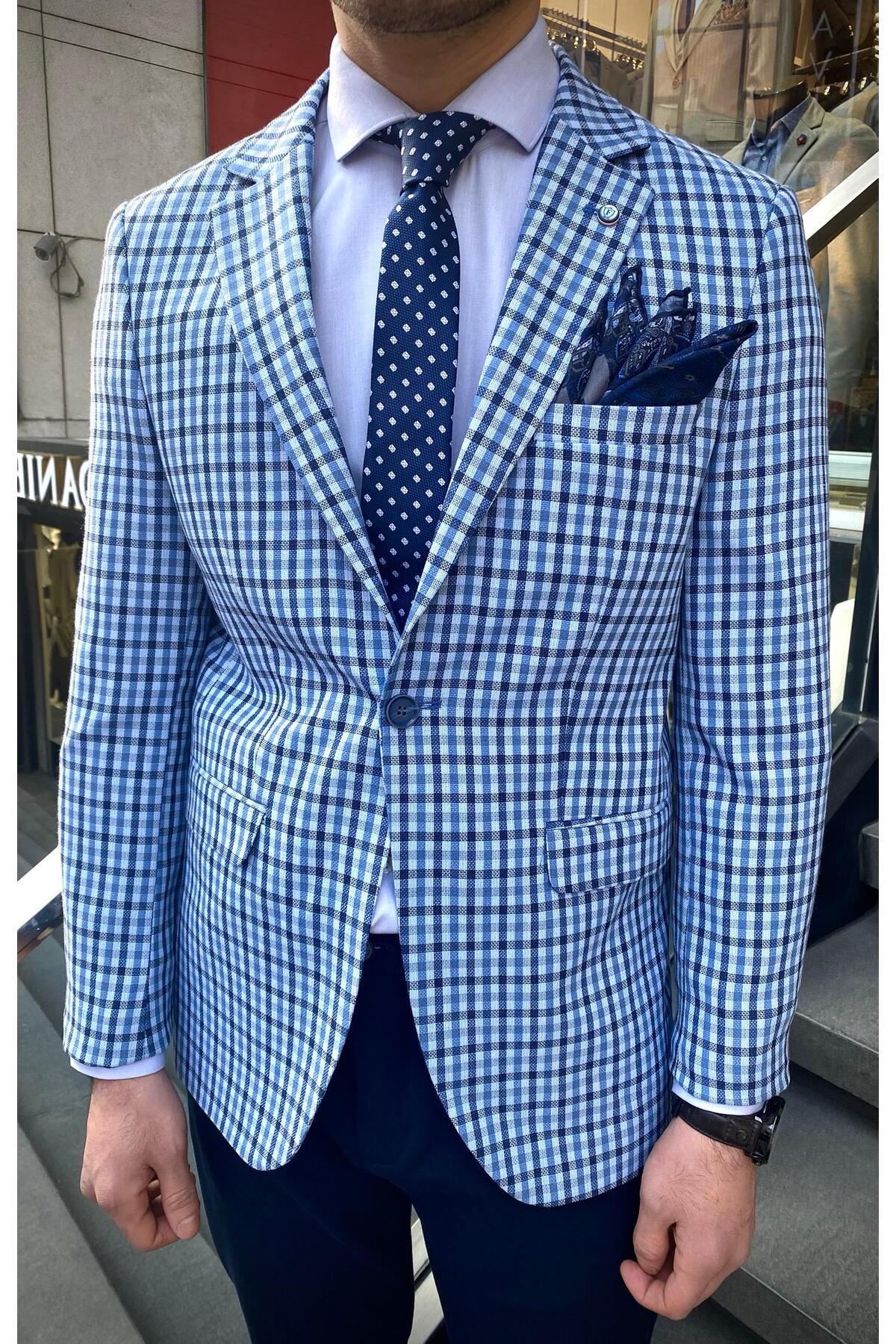 Assente Erkek A.Lacivert - Mavi Keten Görünümlü Ekose Slim Fit Mono Yaka Spor Blazer Ceket