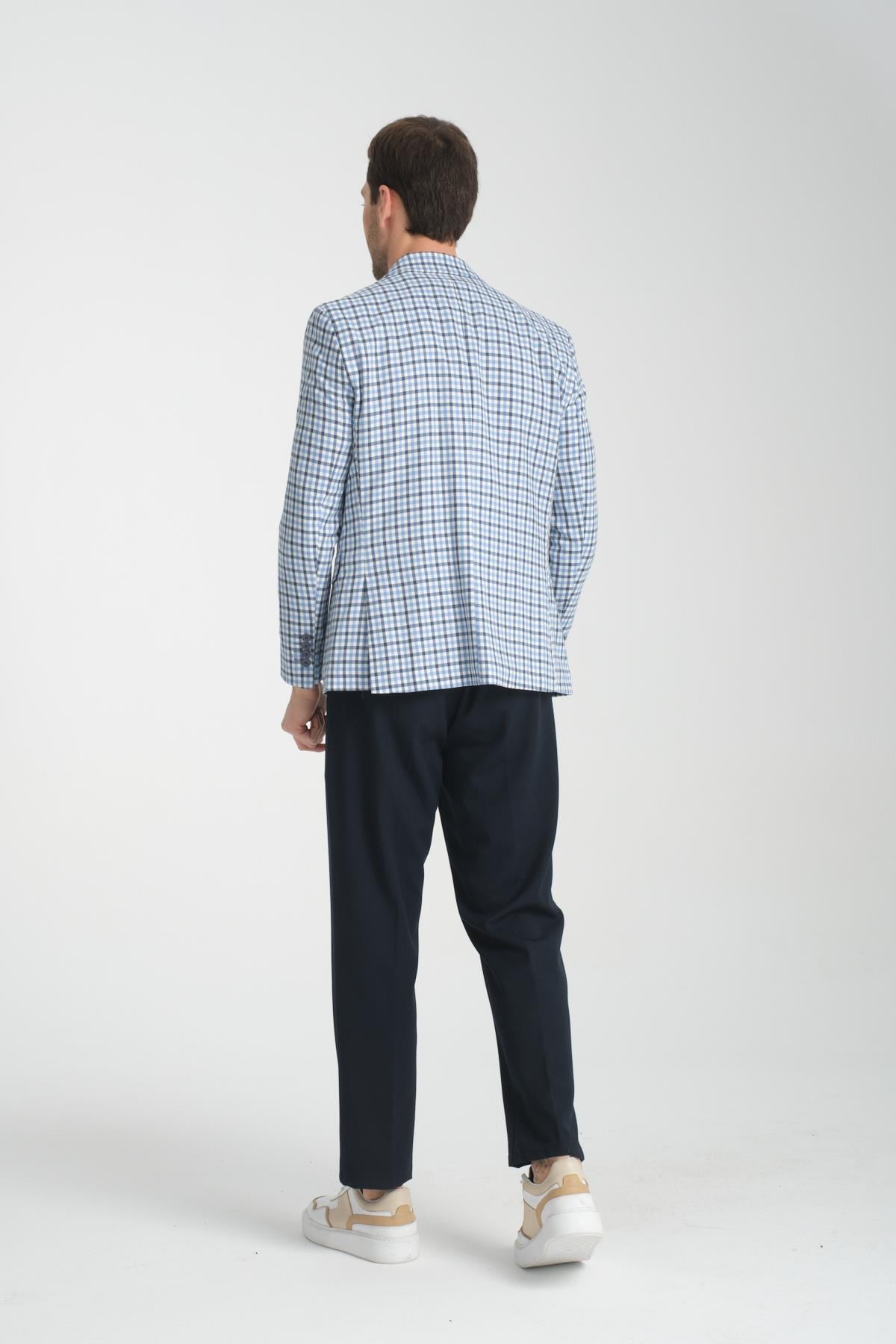 Assente Erkek A.Lacivert - Mavi Keten Görünümlü Ekose Slim Fit Mono Yaka Spor Blazer Ceket