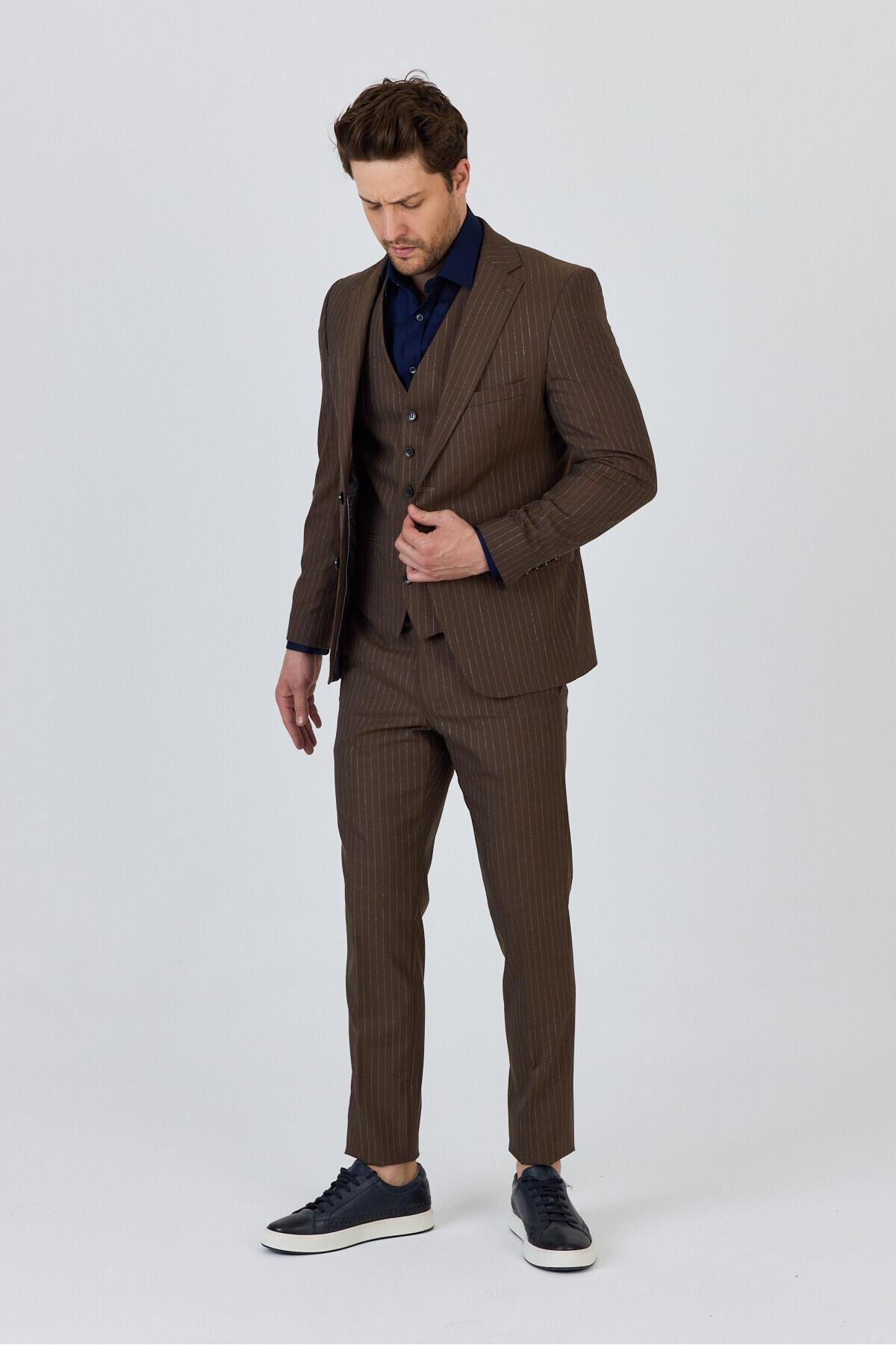 Ateca Erkek Hardal İtalyan Çizgili Ceket+Pantolon+Yelekli Slim Fit Takim Elbise