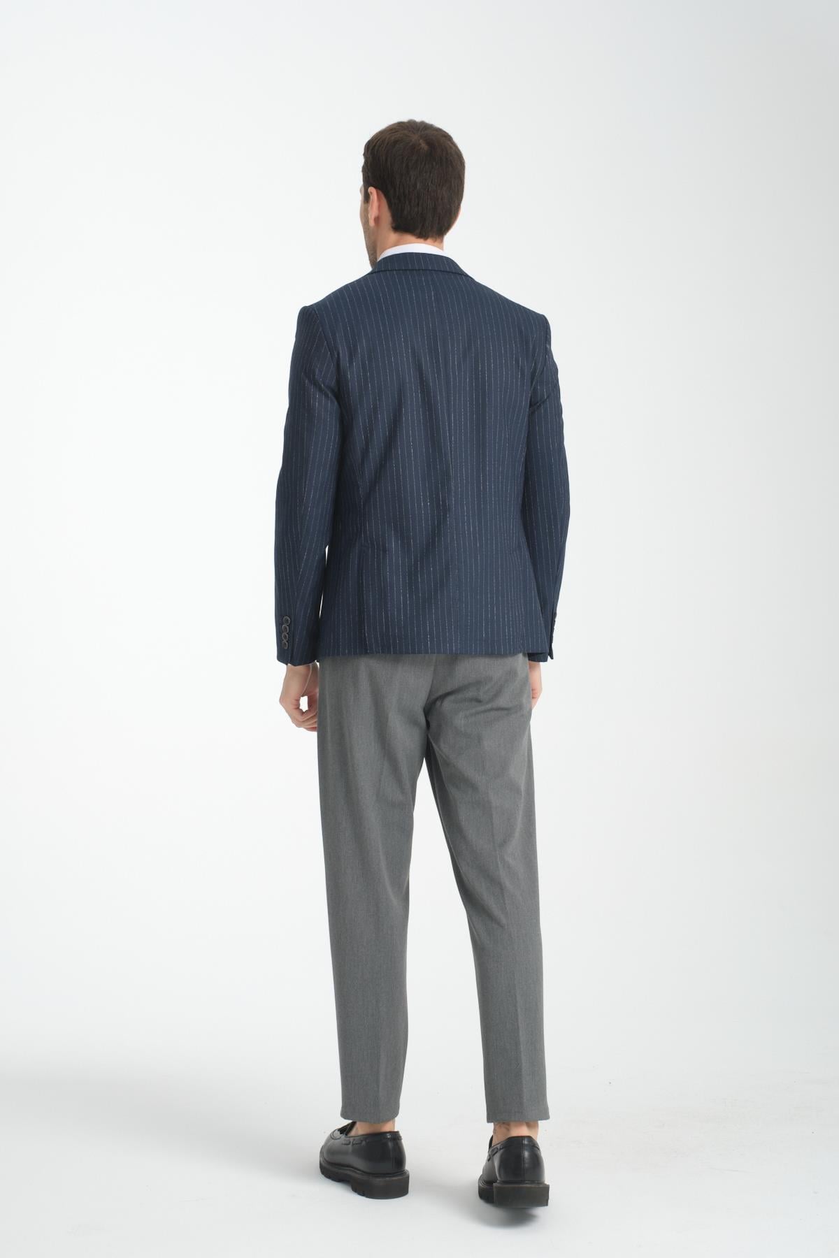 Ateca Erkek Lacivert İnce Çizgili Slim Fit Mono Yaka Yarım Astar Spor Blazer Ceket